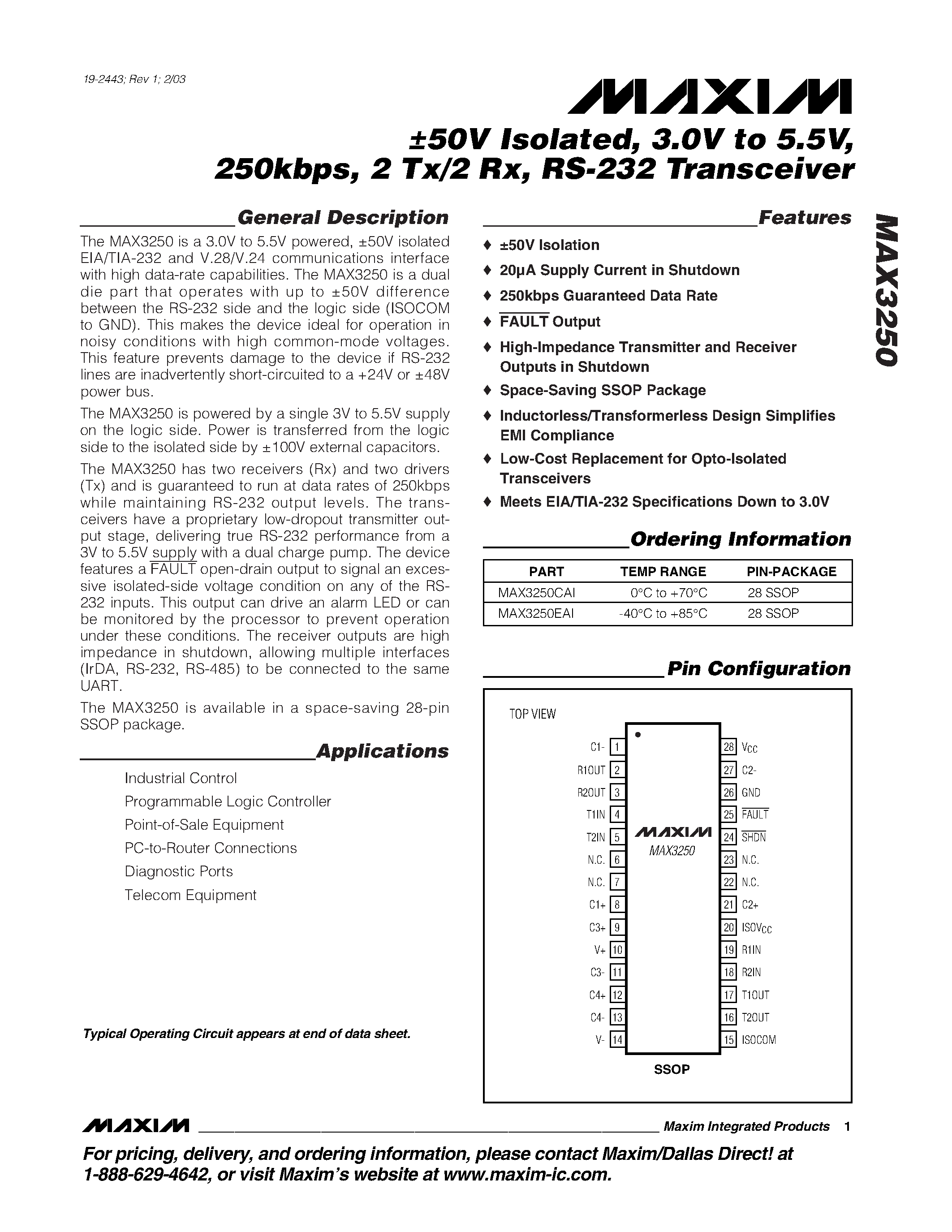Datasheet MAX3250 - 50V Isolated / 3.0V to 5.5V / 250kbps / 2 Tx/2 Rx / RS-232 Transceiver page 1