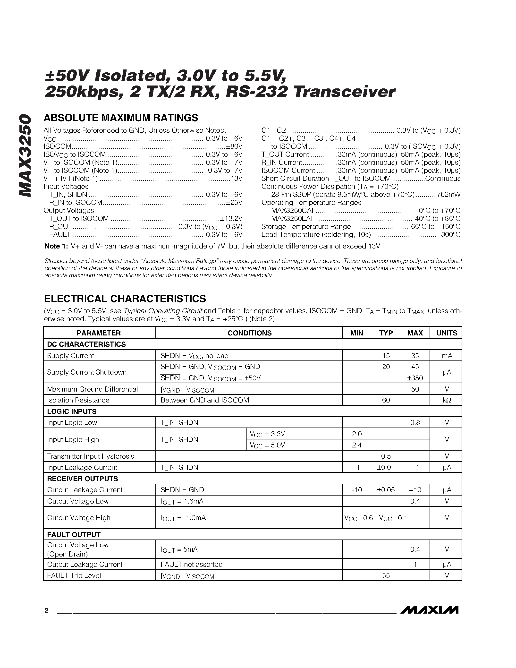 Datasheet MAX3250CAI - 50V Isolated / 3.0V to 5.5V / 250kbps / 2 Tx/2 Rx / RS-232 Transceiver page 2