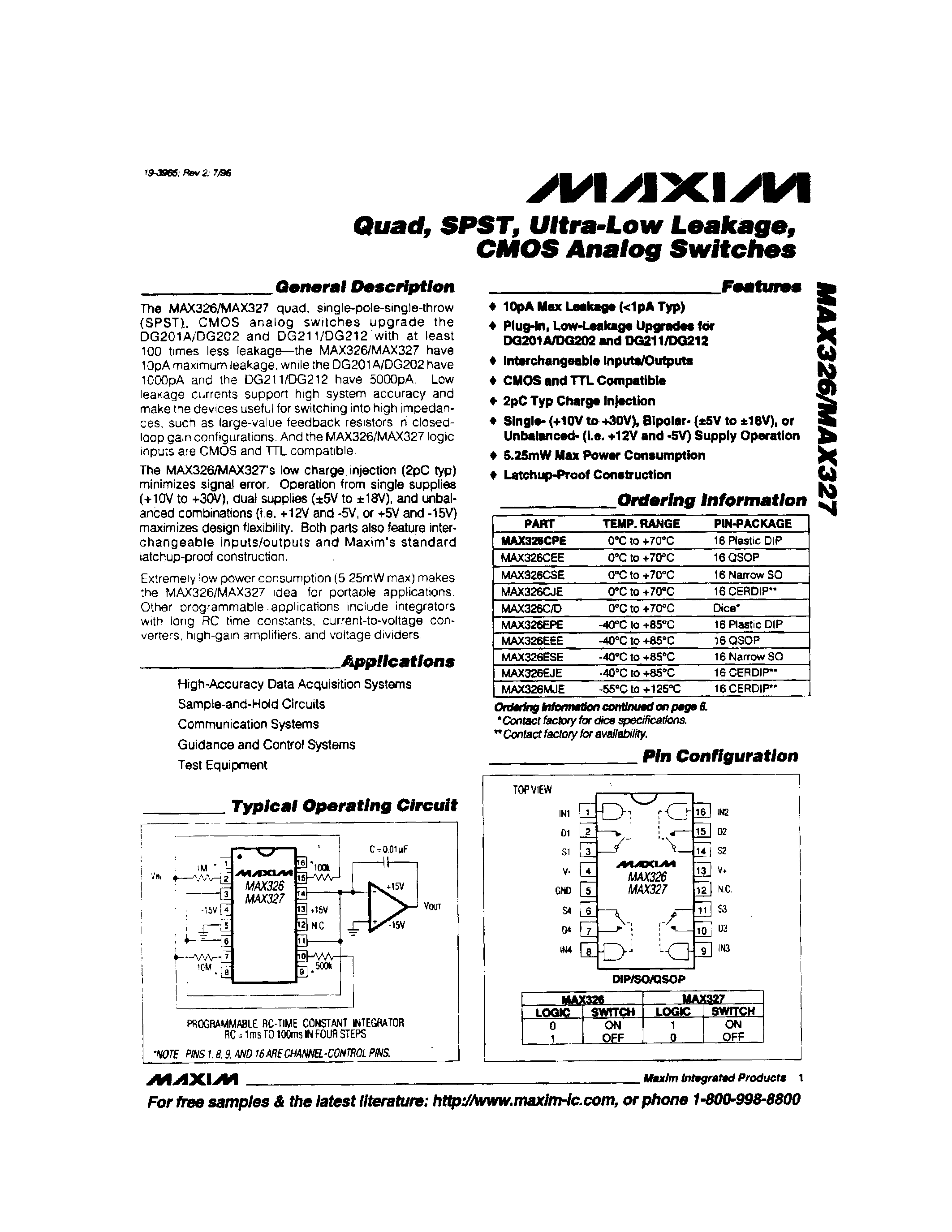 Datasheet MAX326 - Quad / SPST / Ultra-Low Leakage / CMOS Analog Switches page 1