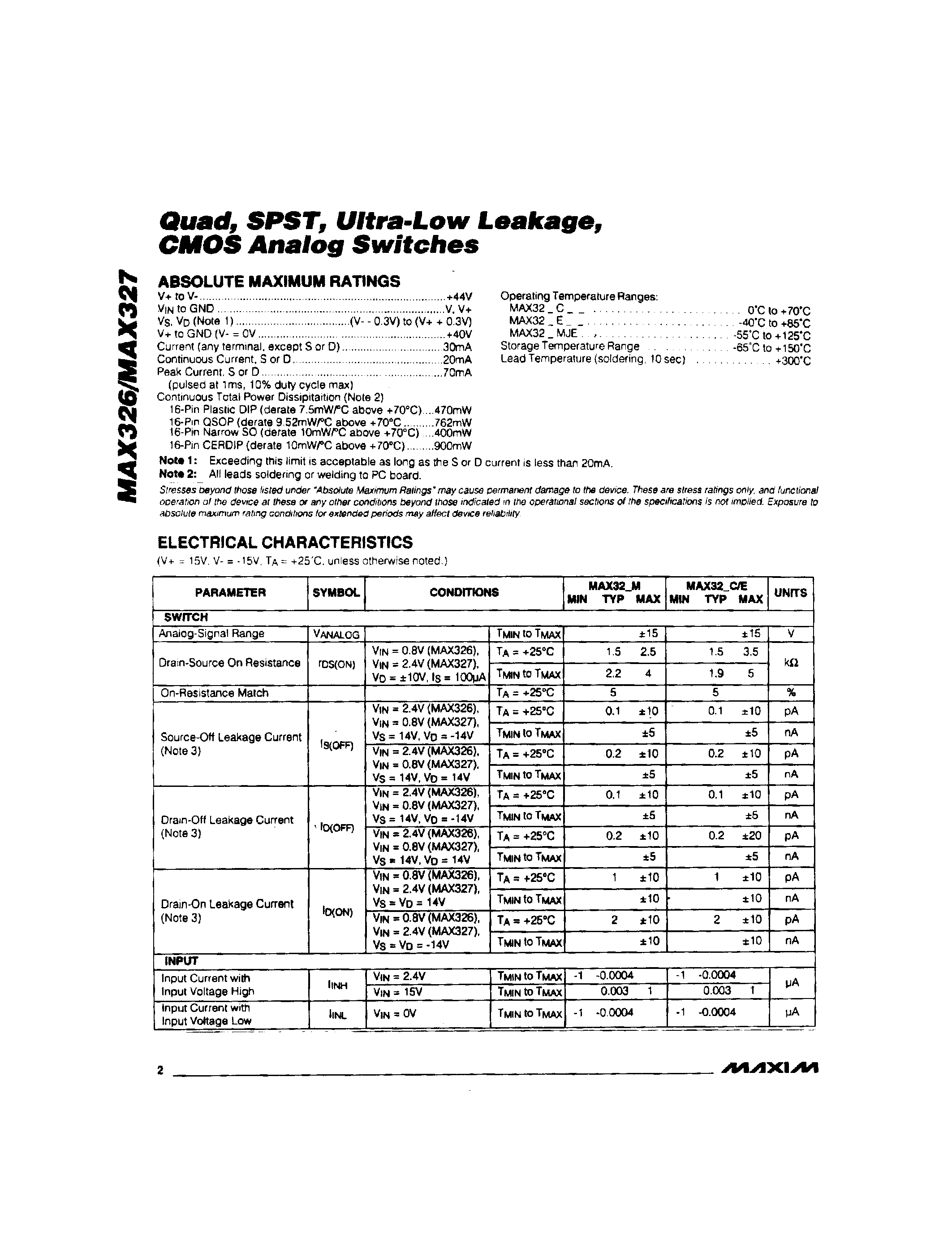 Datasheet MAX326 - Quad / SPST / Ultra-Low Leakage / CMOS Analog Switches page 2