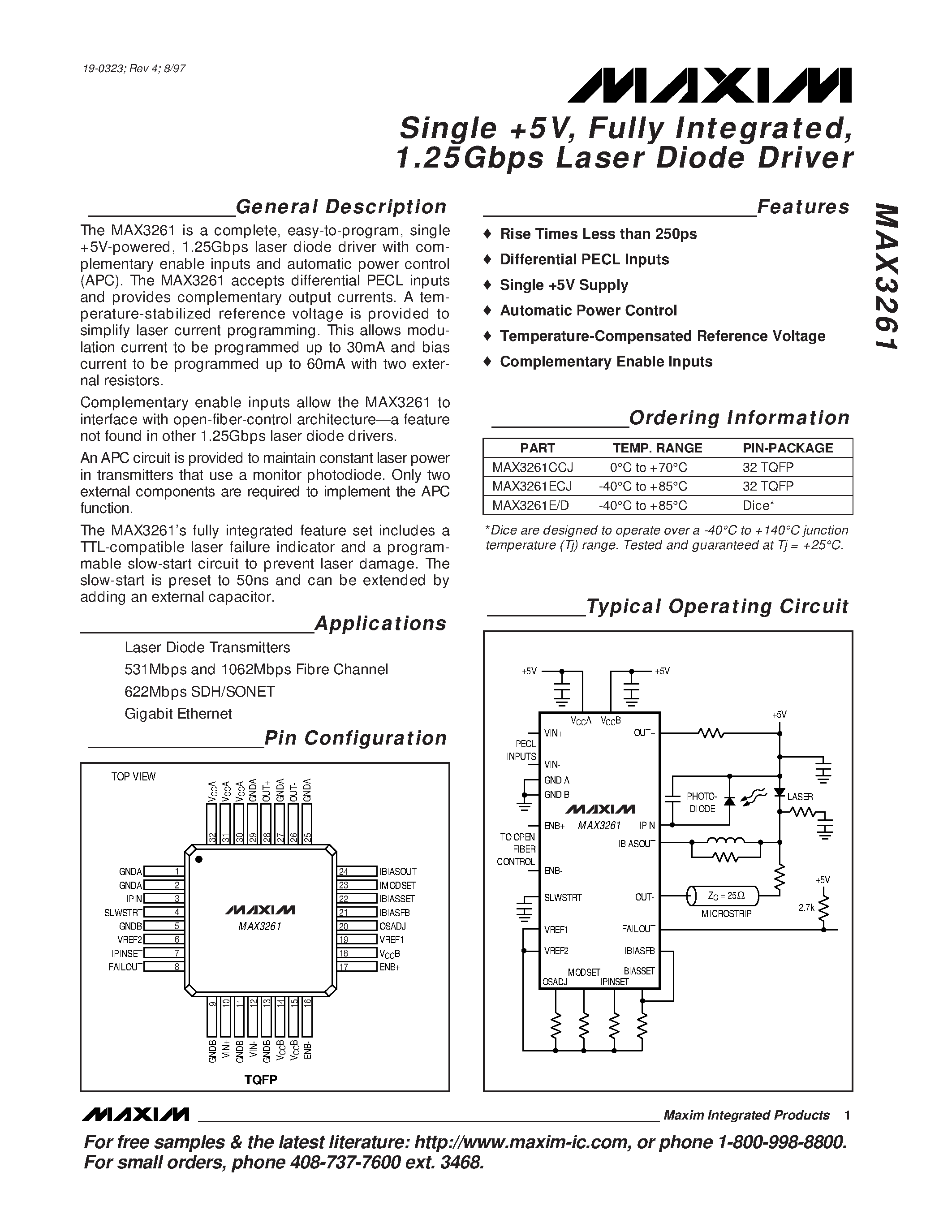 Datasheet MAX3261CCJ - Single +5V / Fully Integrated / 1.25Gbps Laser Diode Driver page 1