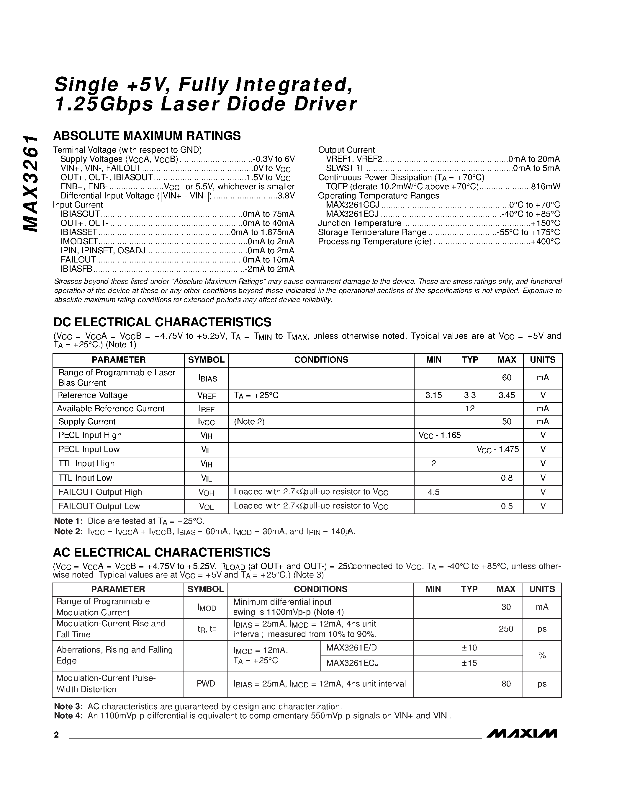 Datasheet MAX3261CCJ - Single +5V / Fully Integrated / 1.25Gbps Laser Diode Driver page 2