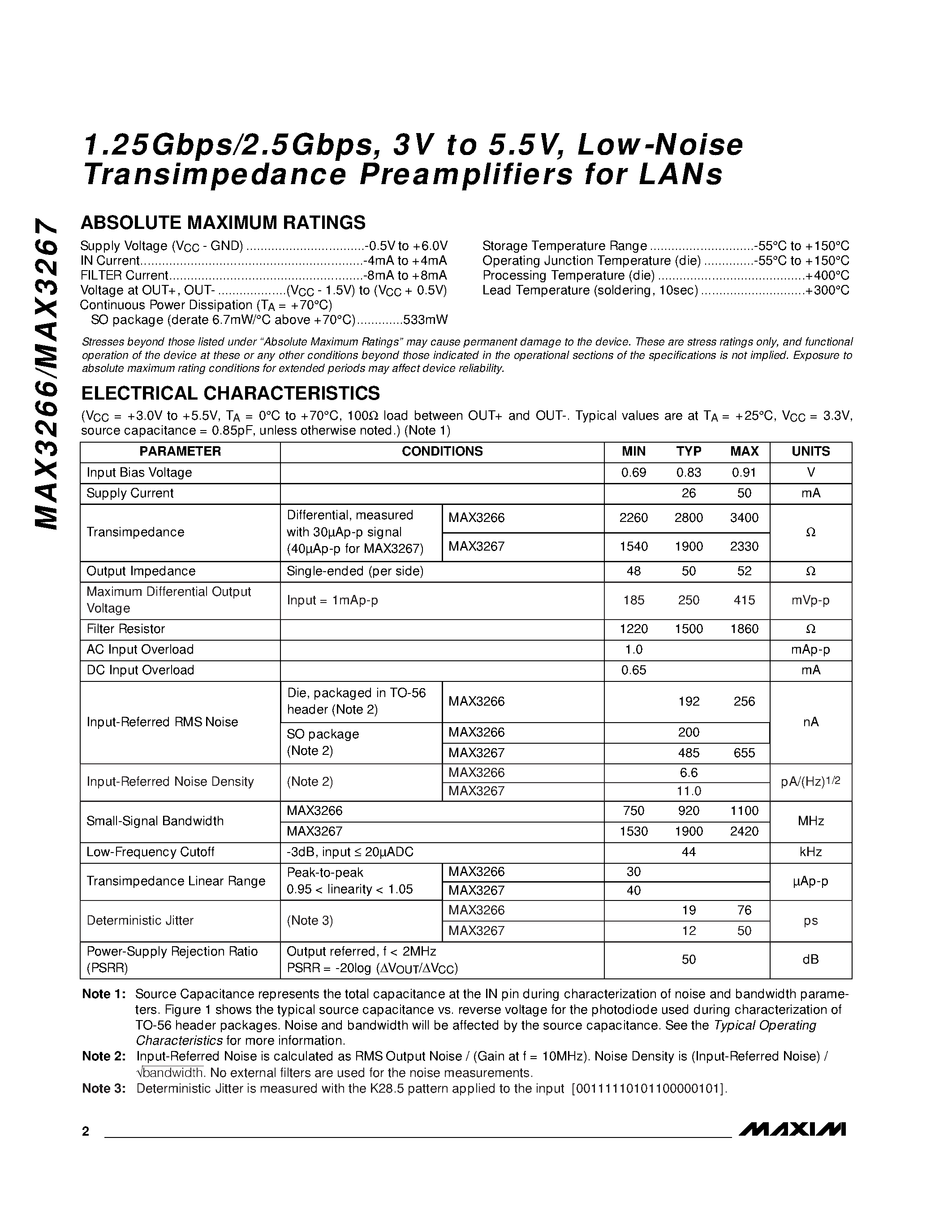 Datasheet MAX3266 - 1.25Gbps/2.5Gbps / 3V to 5.5V / Low-Noise Transimpedance Preamplifiers for LANs page 2