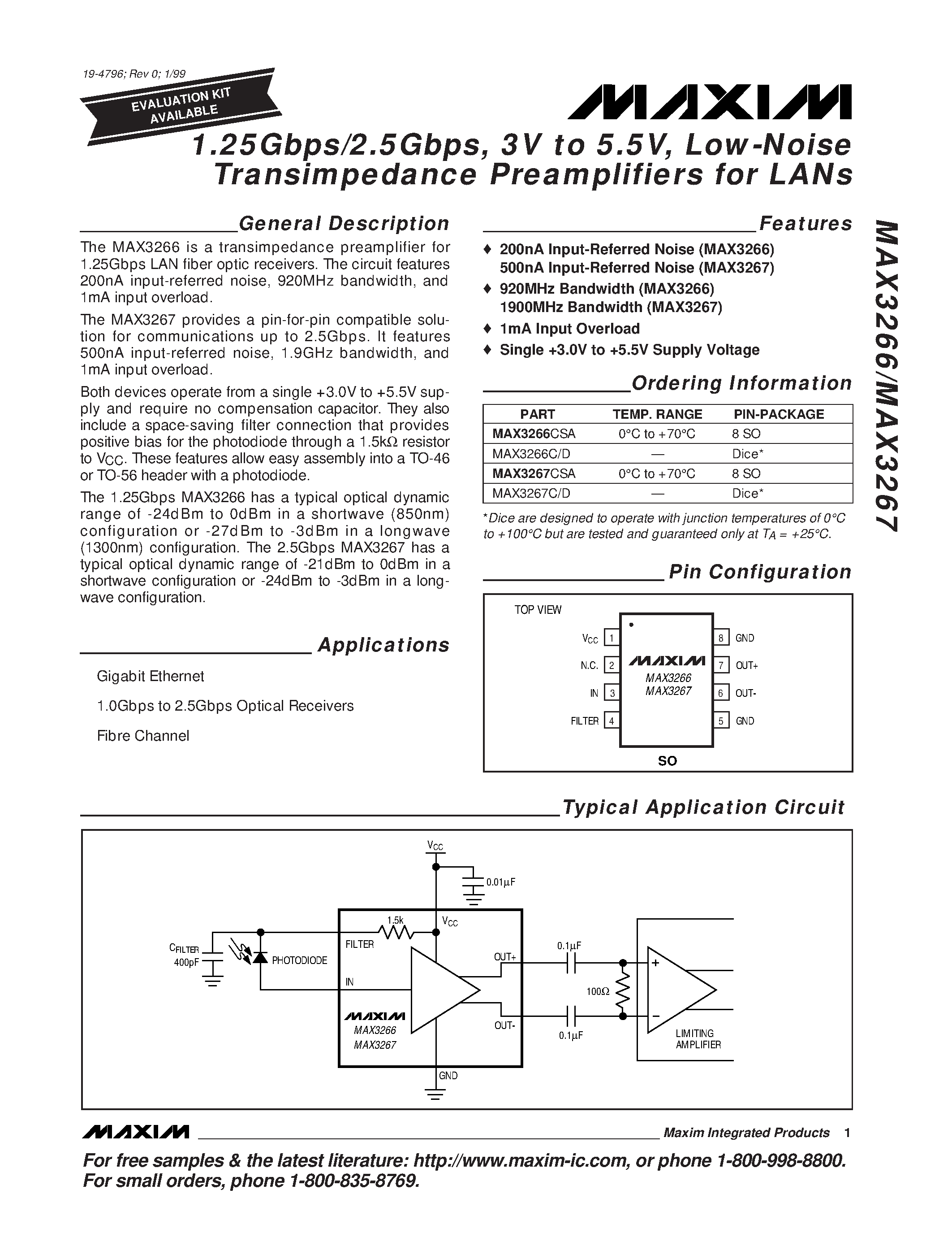 Datasheet MAX3266-MAX3267 - 1.25Gbps/2.5Gbps / 3V to 5.5V / Low-Noise Transimpedance Preamplifiers for LANs page 1