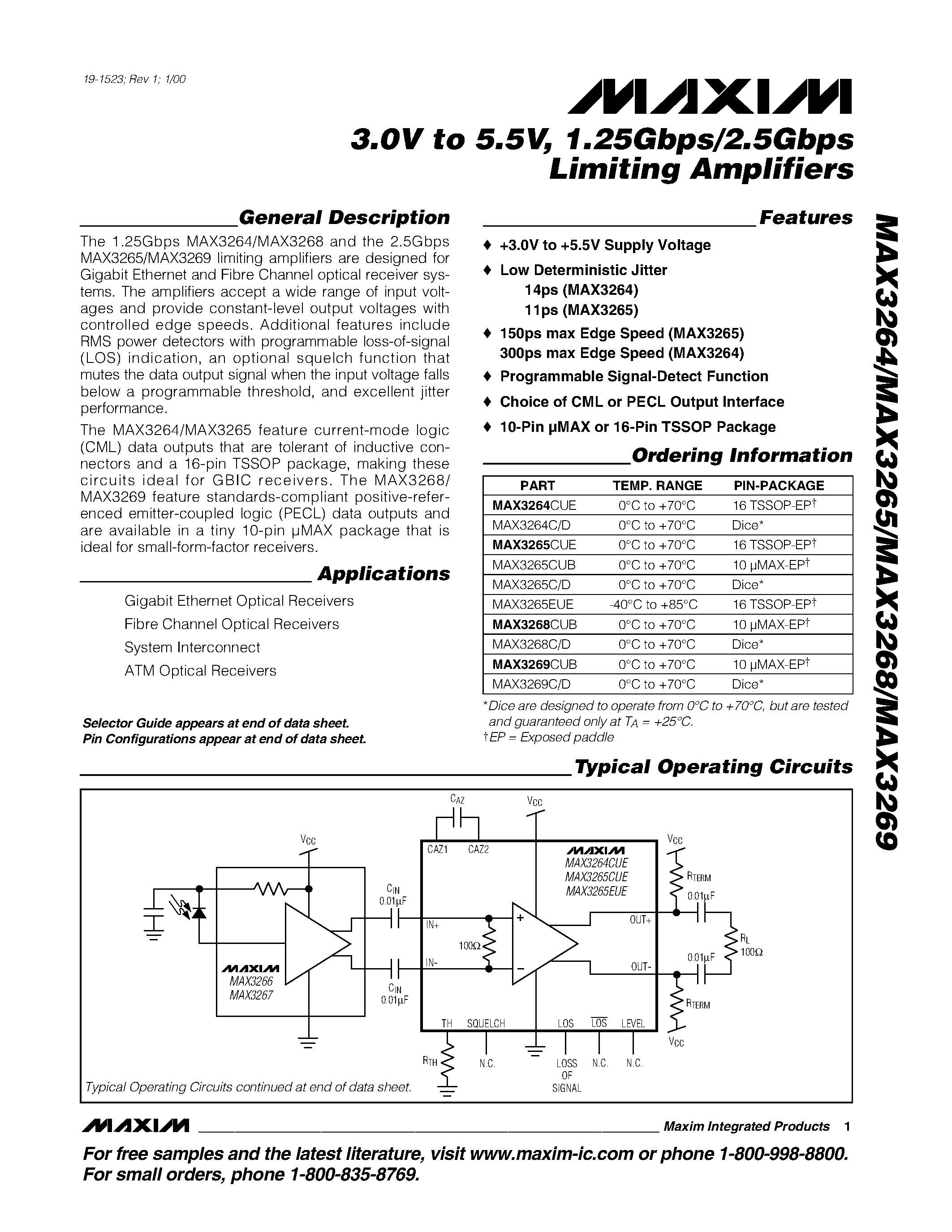Datasheet MAX3269C/D page 1 Datasheet MAX3269C/D - 3.0V to 5.5V / 1.25Gbps/2.5Gbps Limiting Amplifiers page 1