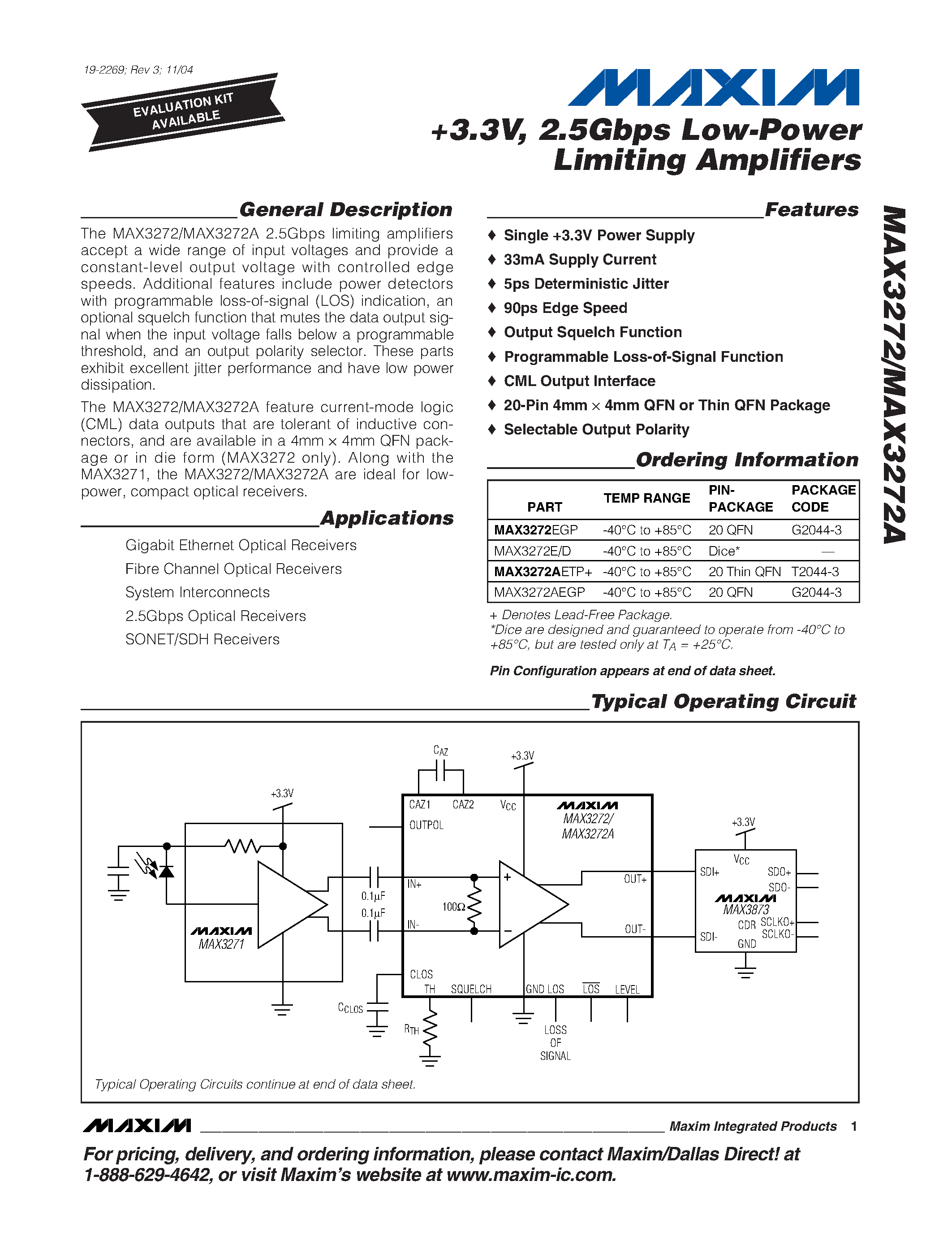 Datasheet MAX3272 - +3.3V / 2.5Gbps Low-Power Limiting Amplifier page 1