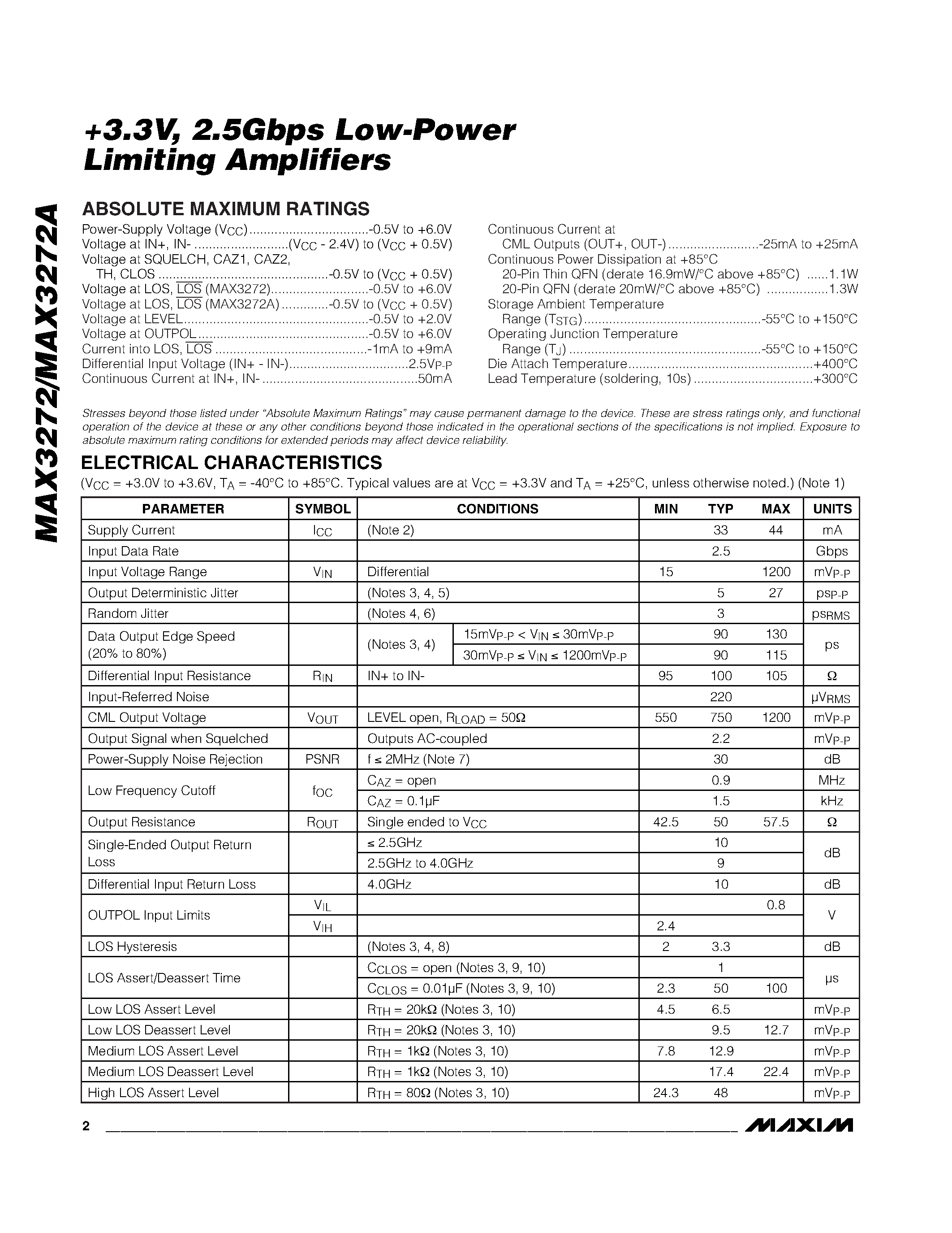 Datasheet MAX3272 - +3.3V / 2.5Gbps Low-Power Limiting Amplifier page 2
