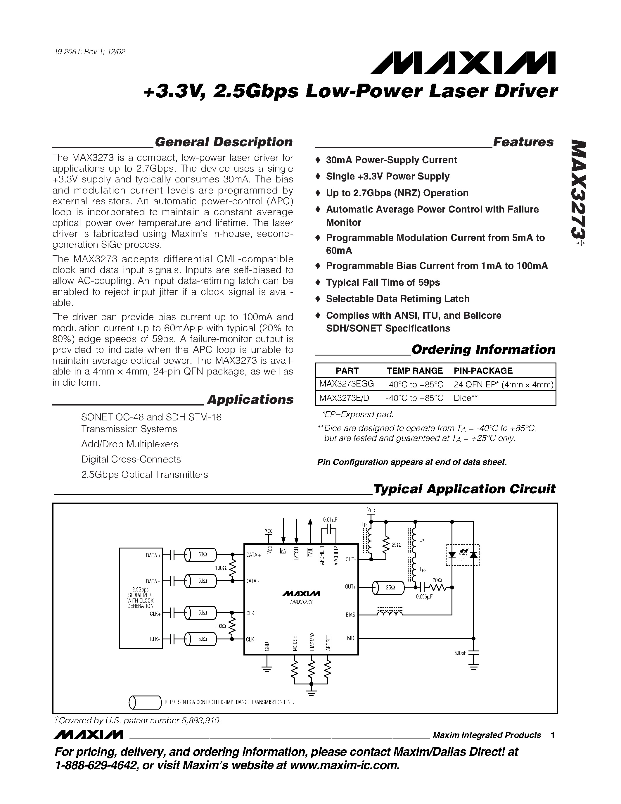 Datasheet MAX3273 - +3.3V / 2.5Gbps Low-Power Laser Driver page 1