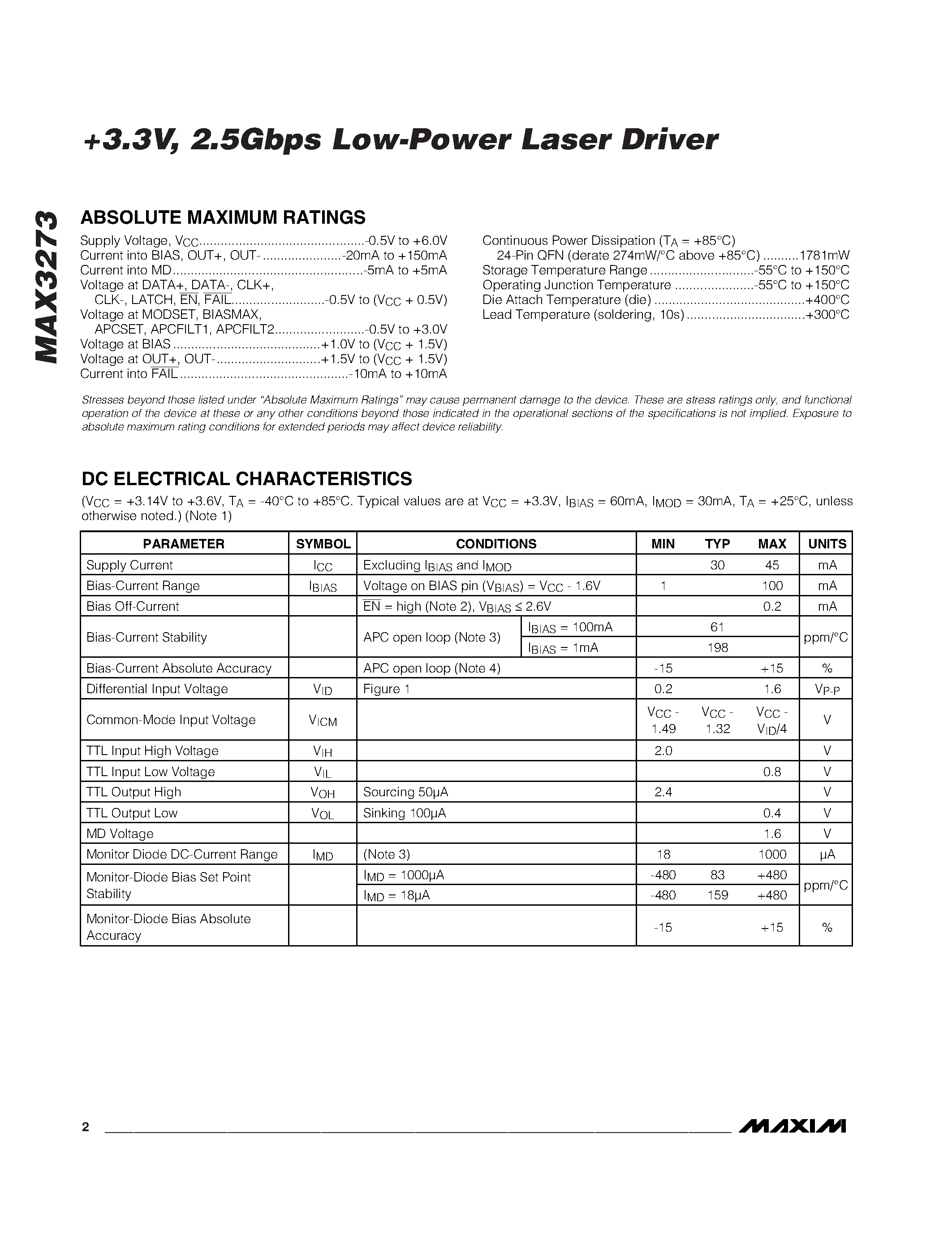 Datasheet MAX3273 - +3.3V / 2.5Gbps Low-Power Laser Driver page 2