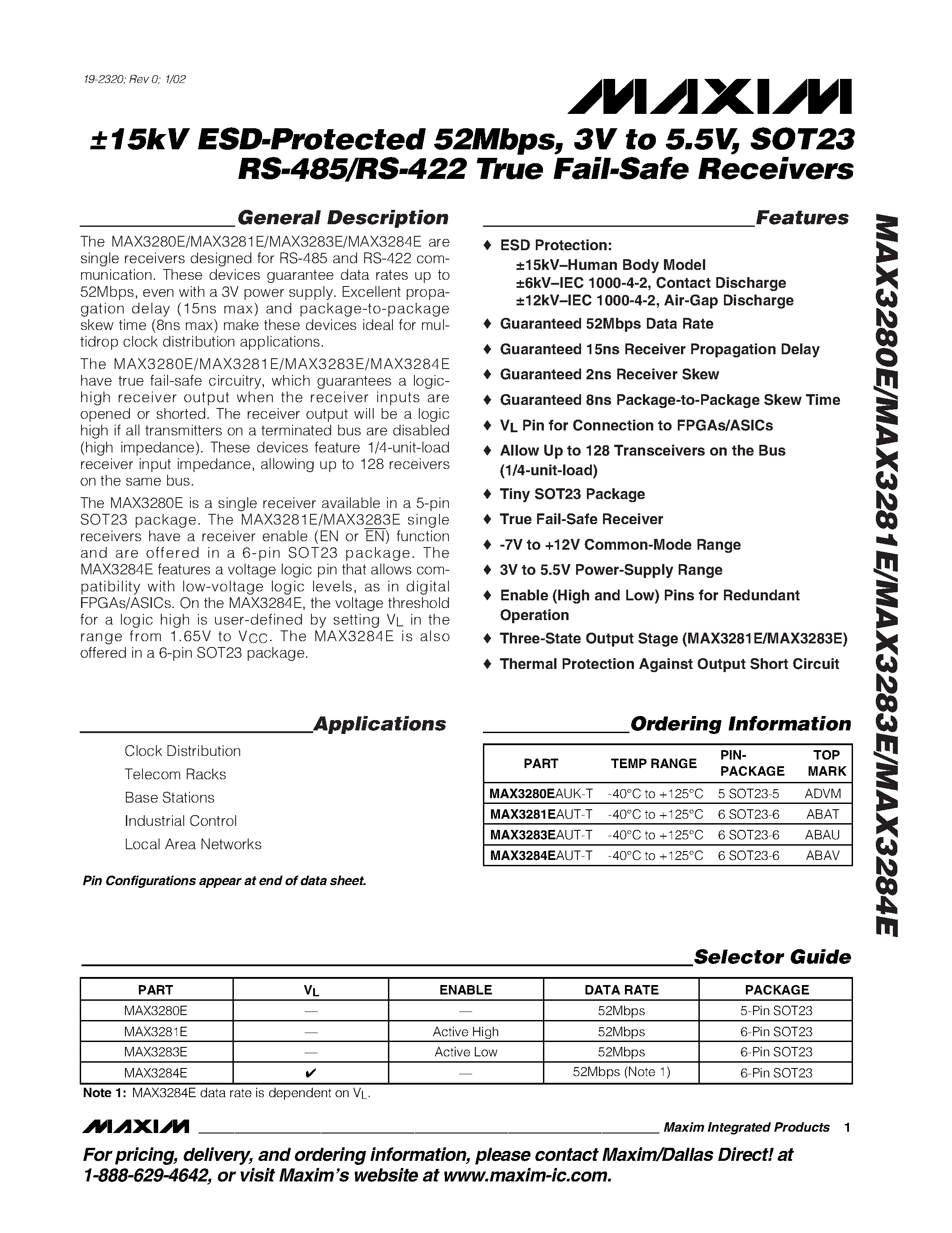 Datasheet MAX3280 - 15kV ESD-Protected 52Mbps / 3V to 5.5V / SOT23 RS-485/RS-422 True Fail-Safe Receivers page 1