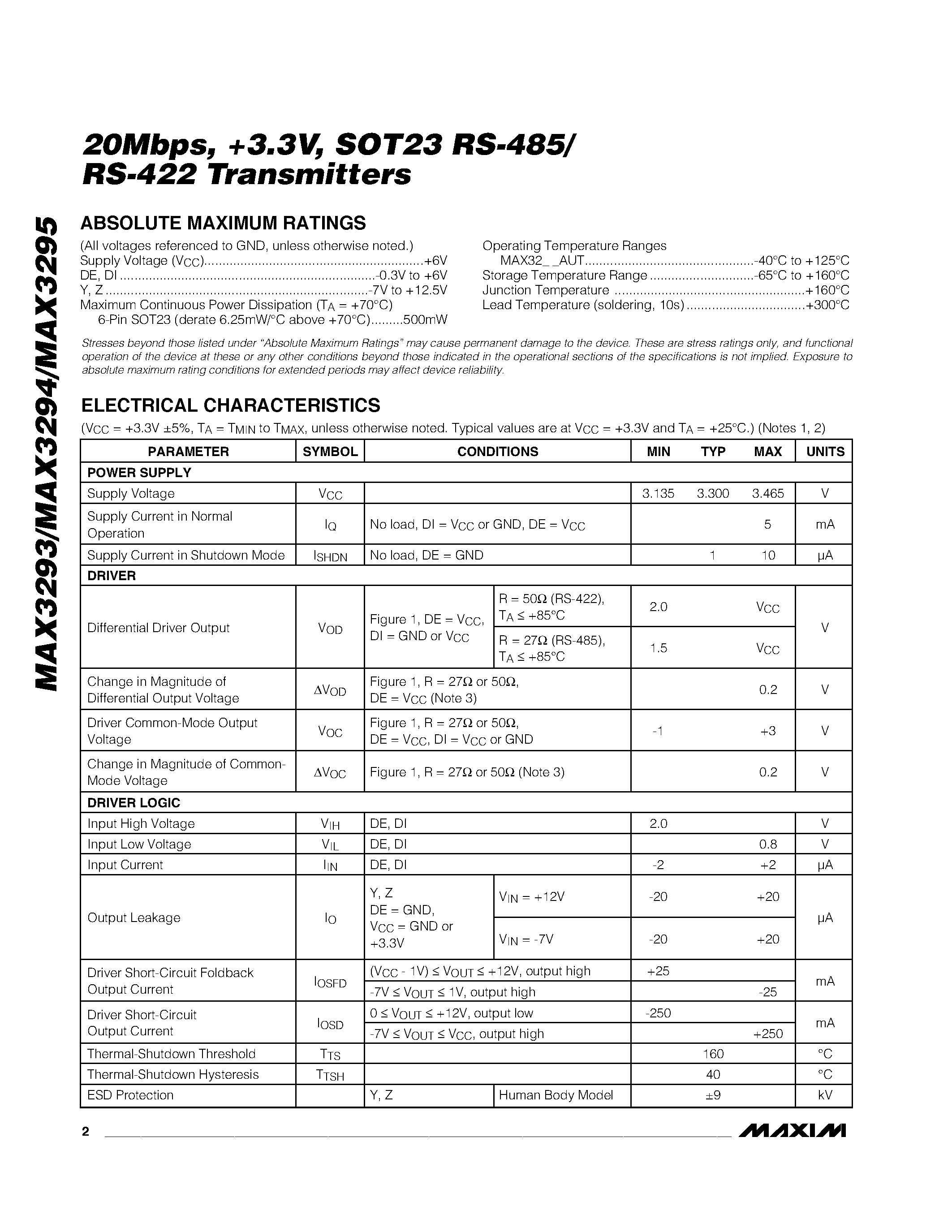 Datasheet MAX3281E - 20Mbps / +3.3V / SOT23 RS-485/ RS-422 Transmitters page 2