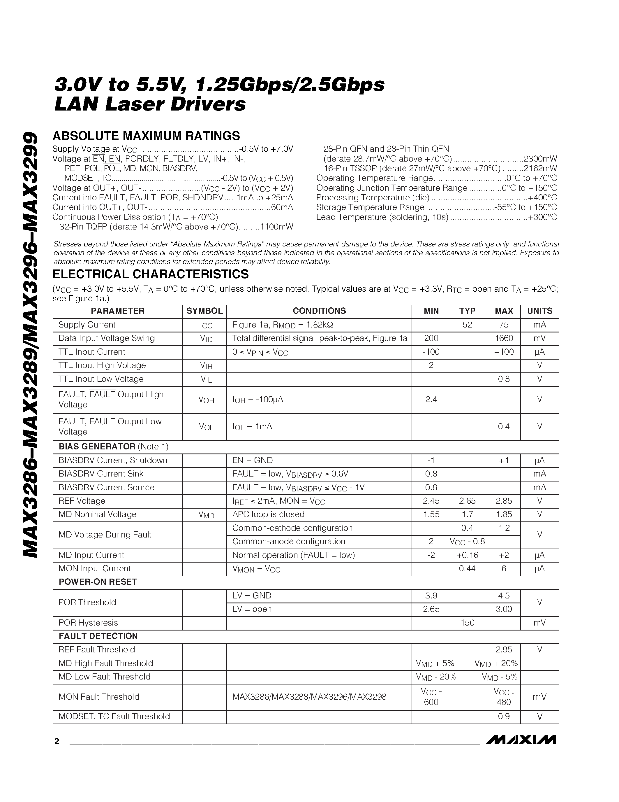 Datasheet MAX3286-MAX3299 - 3.0V to 5.5V / 1.25Gbps/2.5Gbps LAN Laser Drivers page 2