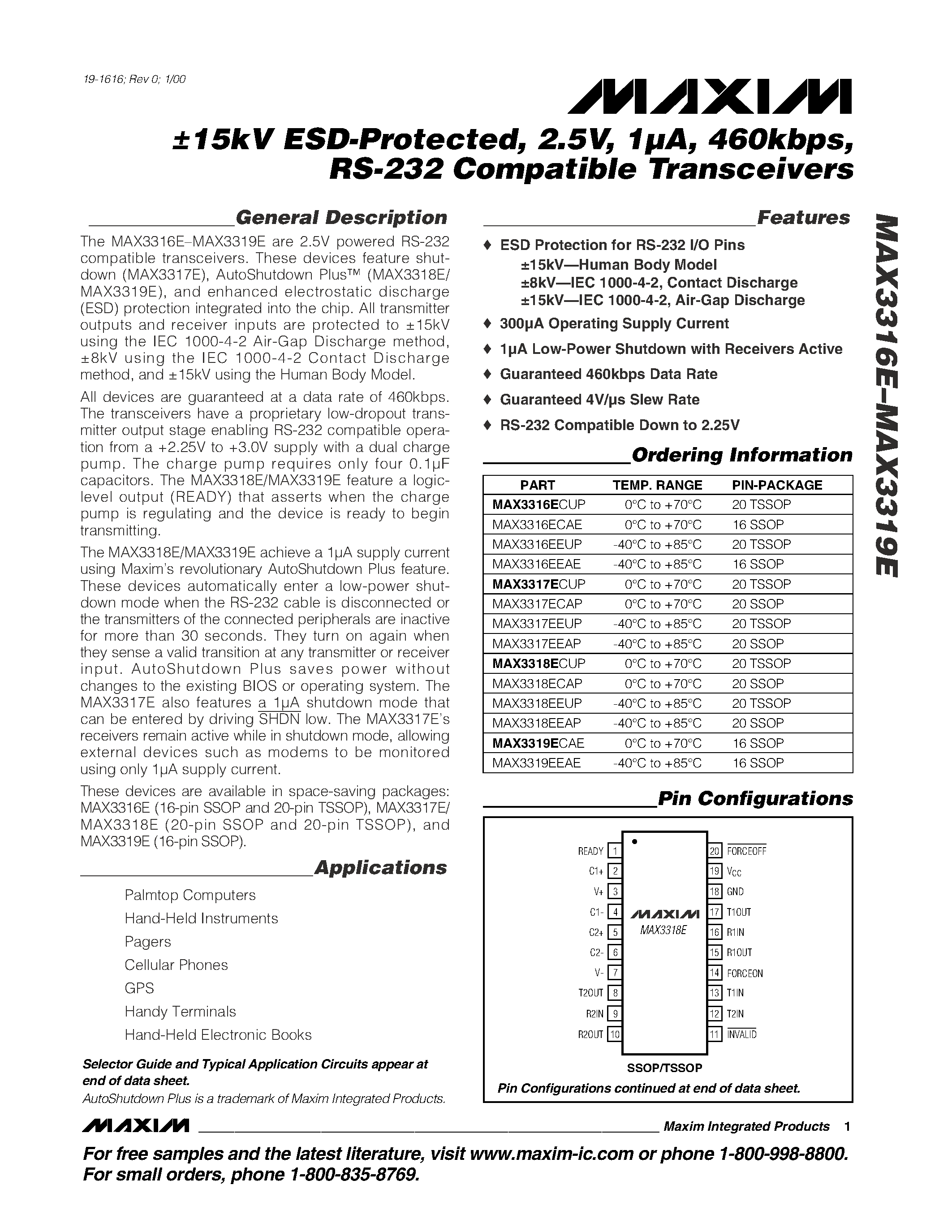 Datasheet MAX3316 - 15kV ESD-Protected / 2.5V / 1A / 460kbps / RS-232 Compatible Transceivers page 1