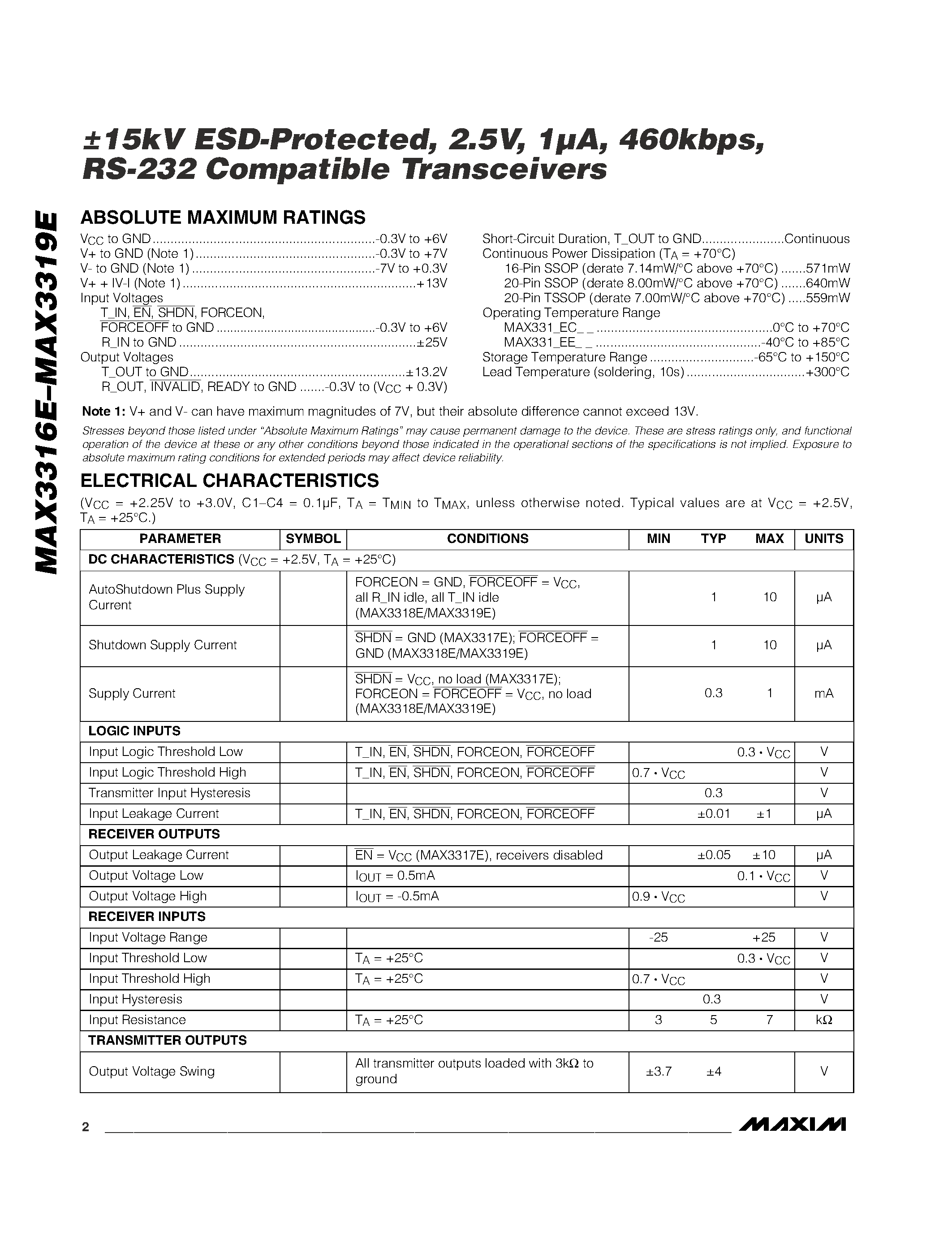 Datasheet MAX3316 - 15kV ESD-Protected / 2.5V / 1A / 460kbps / RS-232 Compatible Transceivers page 2