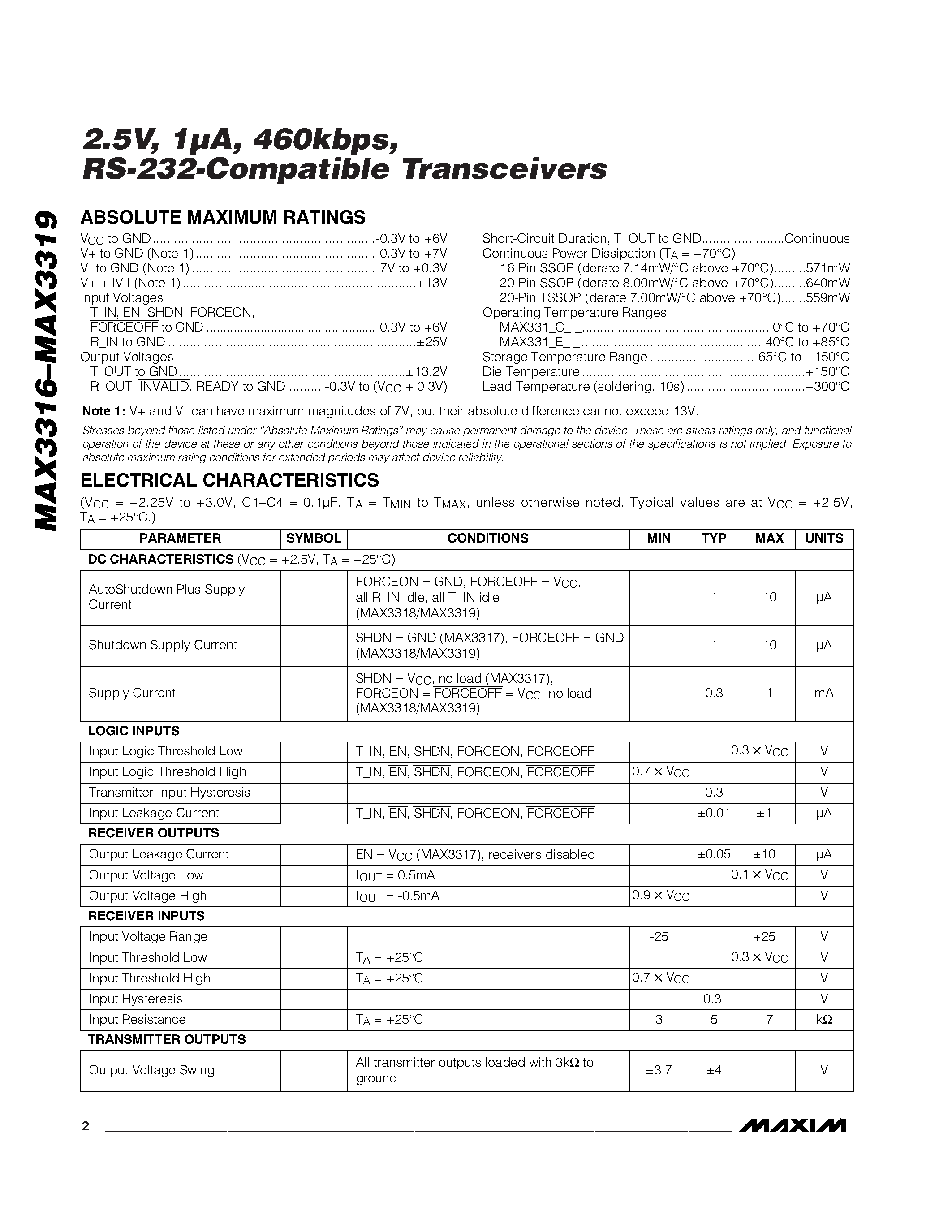 Datasheet MAX3318 - 2.5V / 1A / 460kbps / RS-232-Compatible Transceivers page 2
