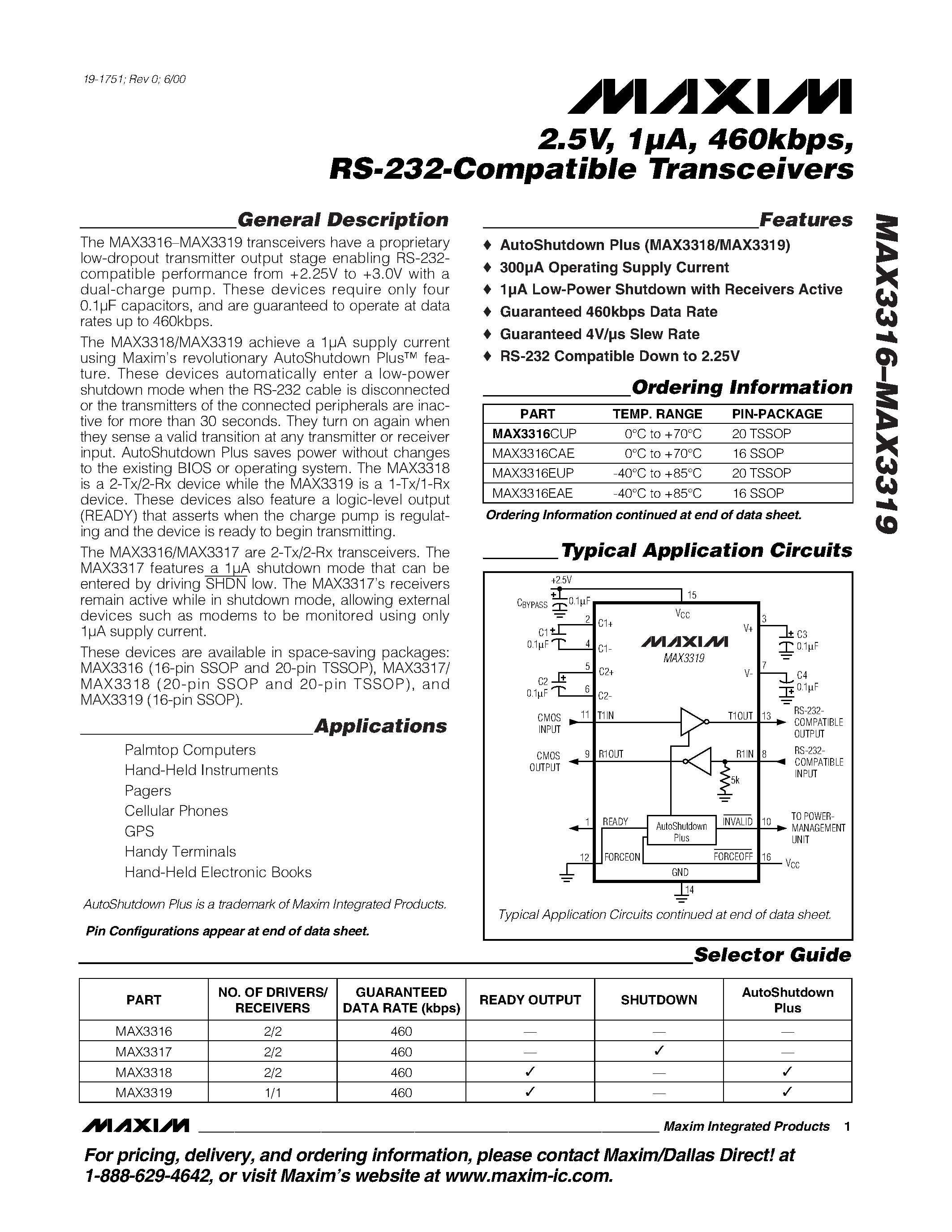 Datasheet MAX3319 - 2.5V / 1A / 460kbps / RS-232-Compatible Transceivers page 1