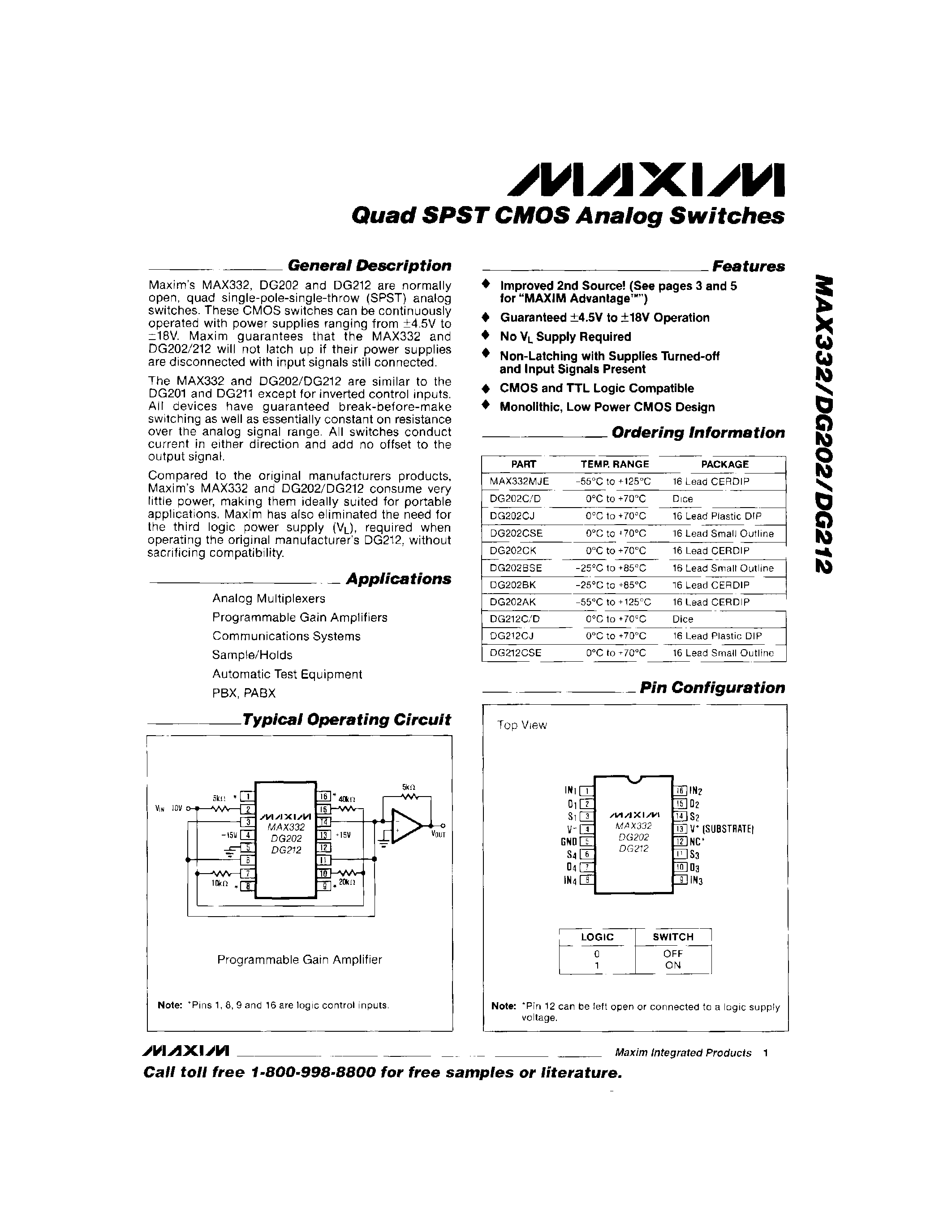 Datasheet MAX332 page 1 Datasheet MAX332 - Quad SPST SMOS Analog Switches page 1