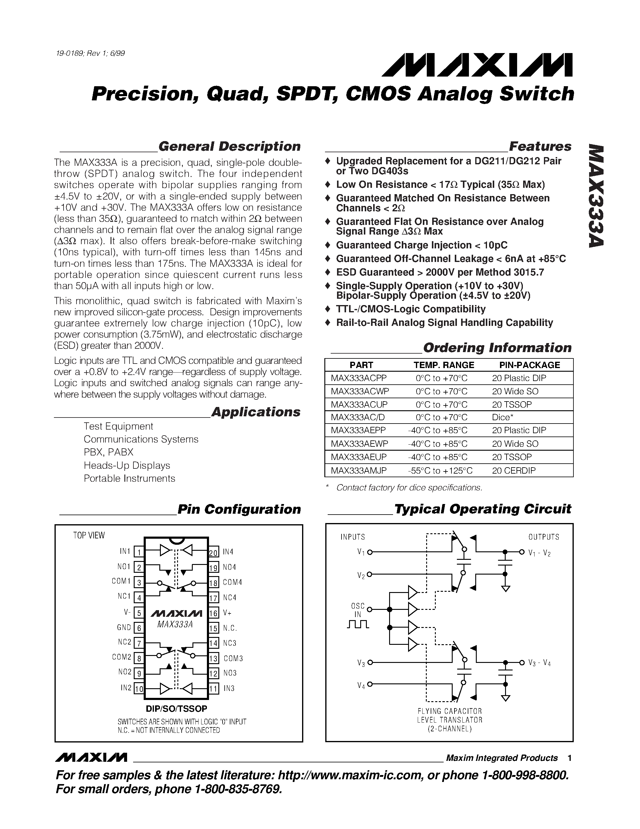 Datasheet MAX3325 page 1 Datasheet MAX3325 - Precision / Quad / SPDT / CMOS Analog Switch page 1