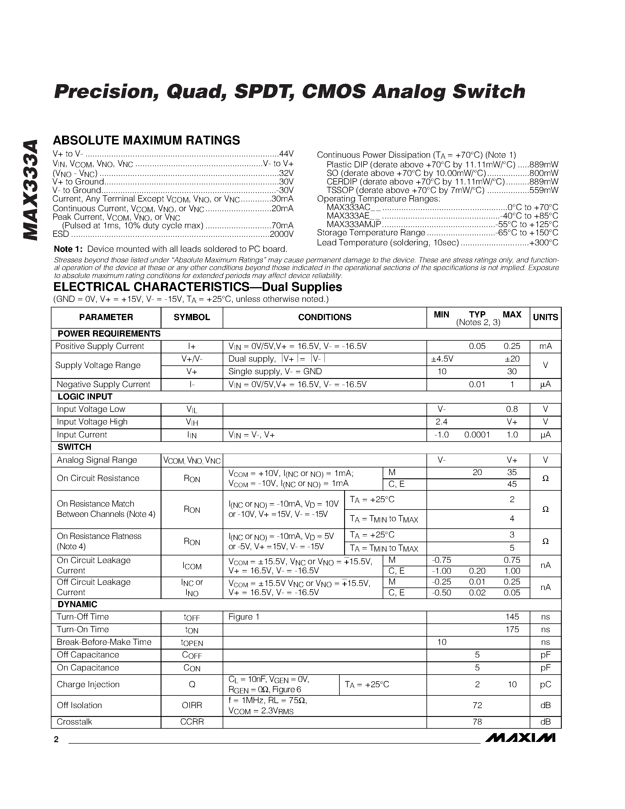 Datasheet MAX3325 page 2 Datasheet MAX3325 - Precision / Quad / SPDT / CMOS Analog Switch page 2