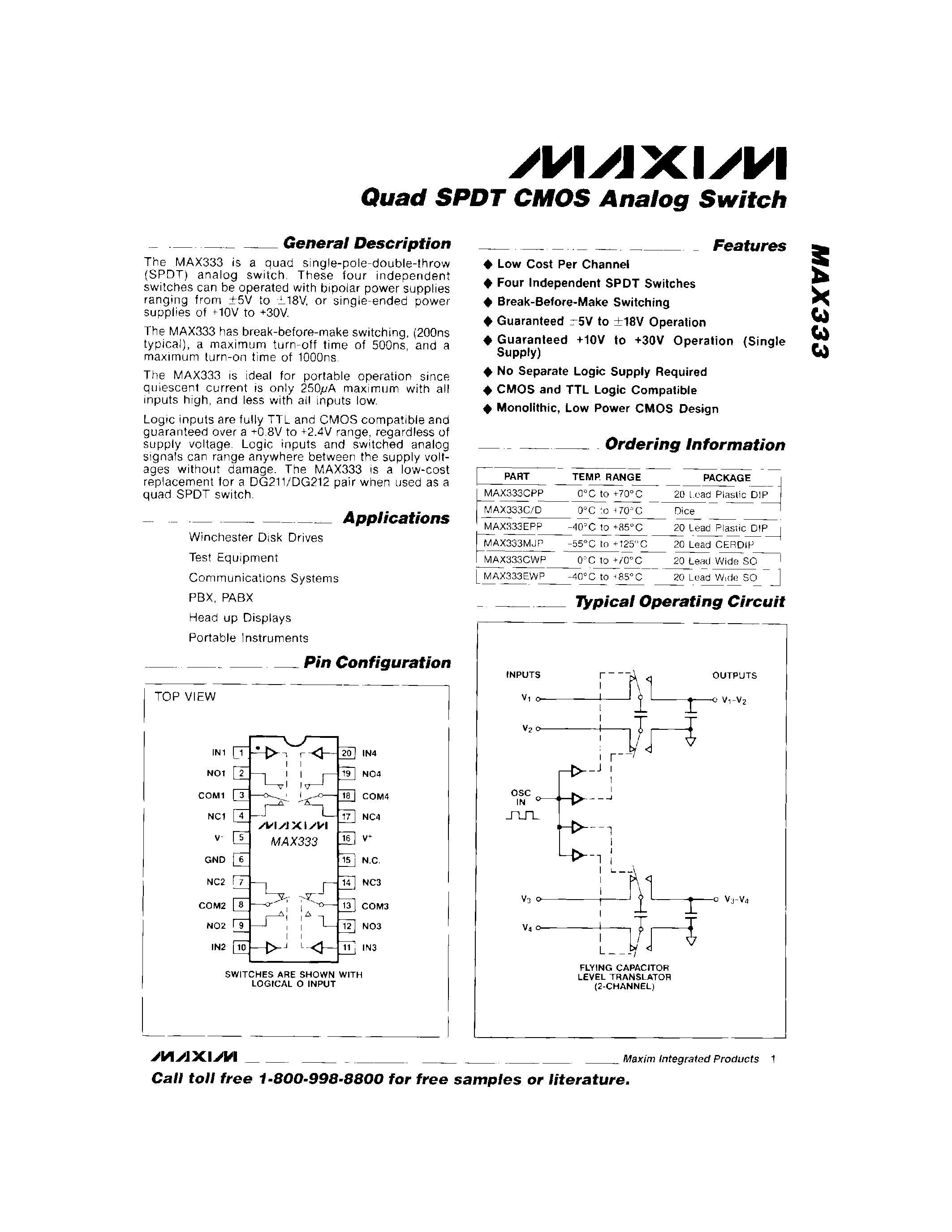 Datasheet MAX333 page 1 Datasheet MAX333 - Quad SPDT CMOS Analog Switch page 1