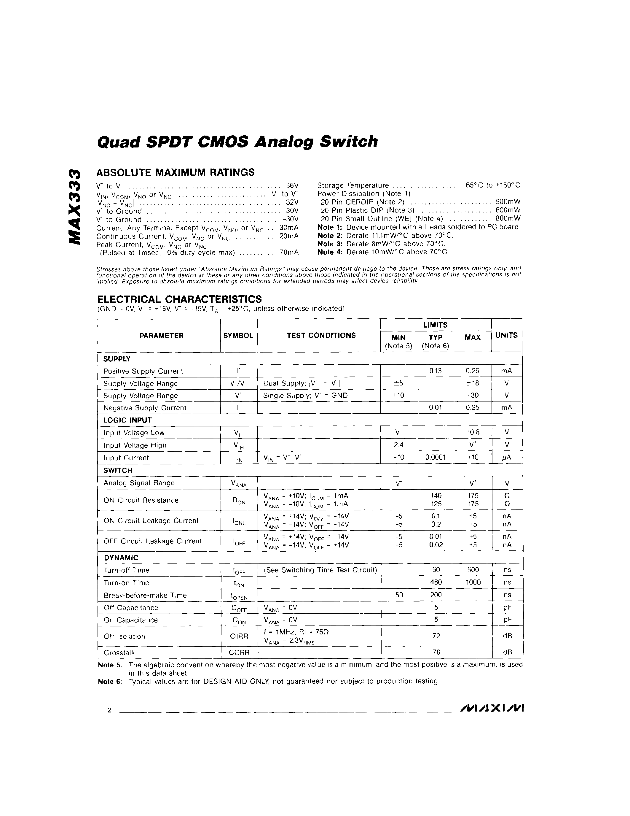 Datasheet MAX333 page 2 Datasheet MAX333 - Quad SPDT CMOS Analog Switch page 2