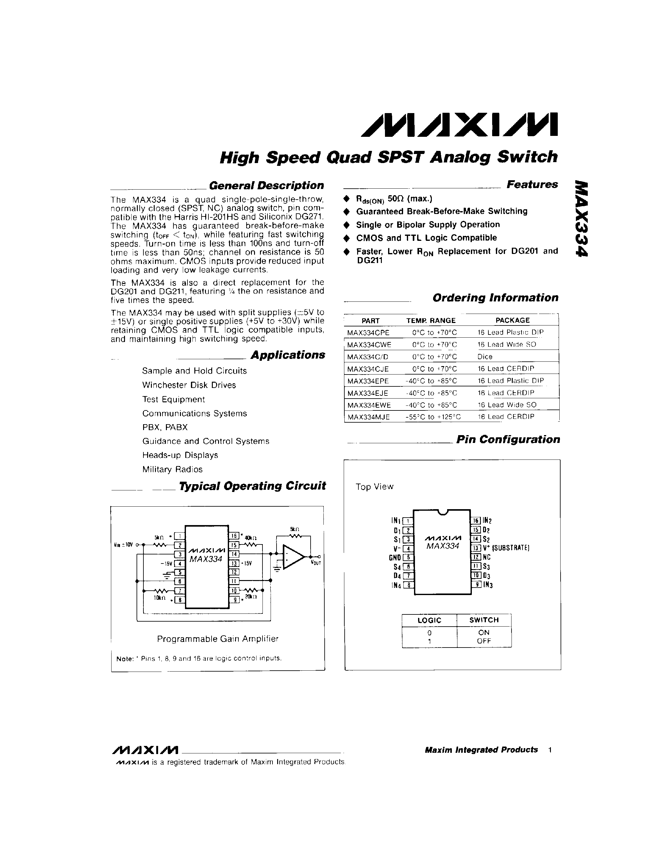 Datasheet MAX334 page 1 Datasheet MAX334 - High Speed Quad SPST Analog Switch page 1