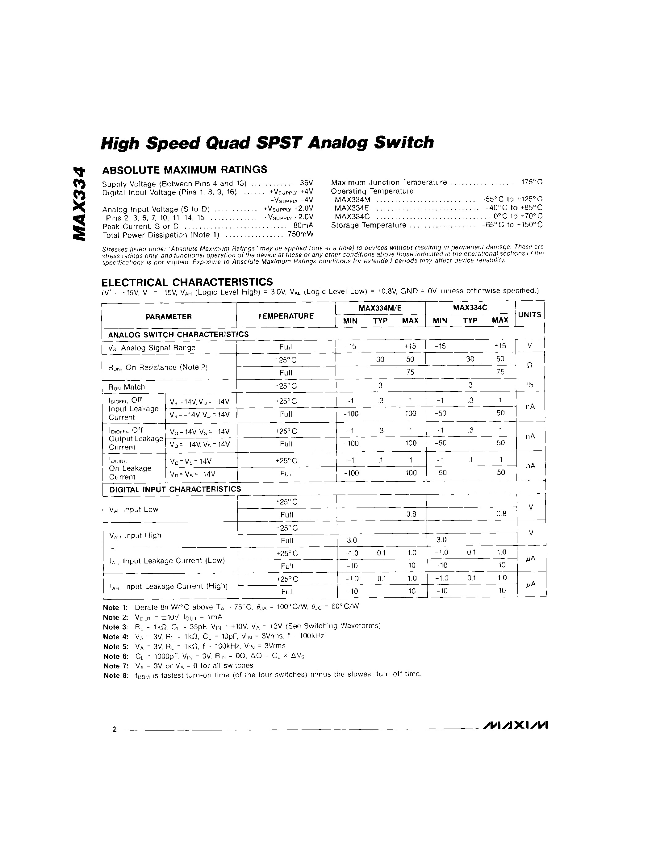 Datasheet MAX334 page 2 Datasheet MAX334 - High Speed Quad SPST Analog Switch page 2