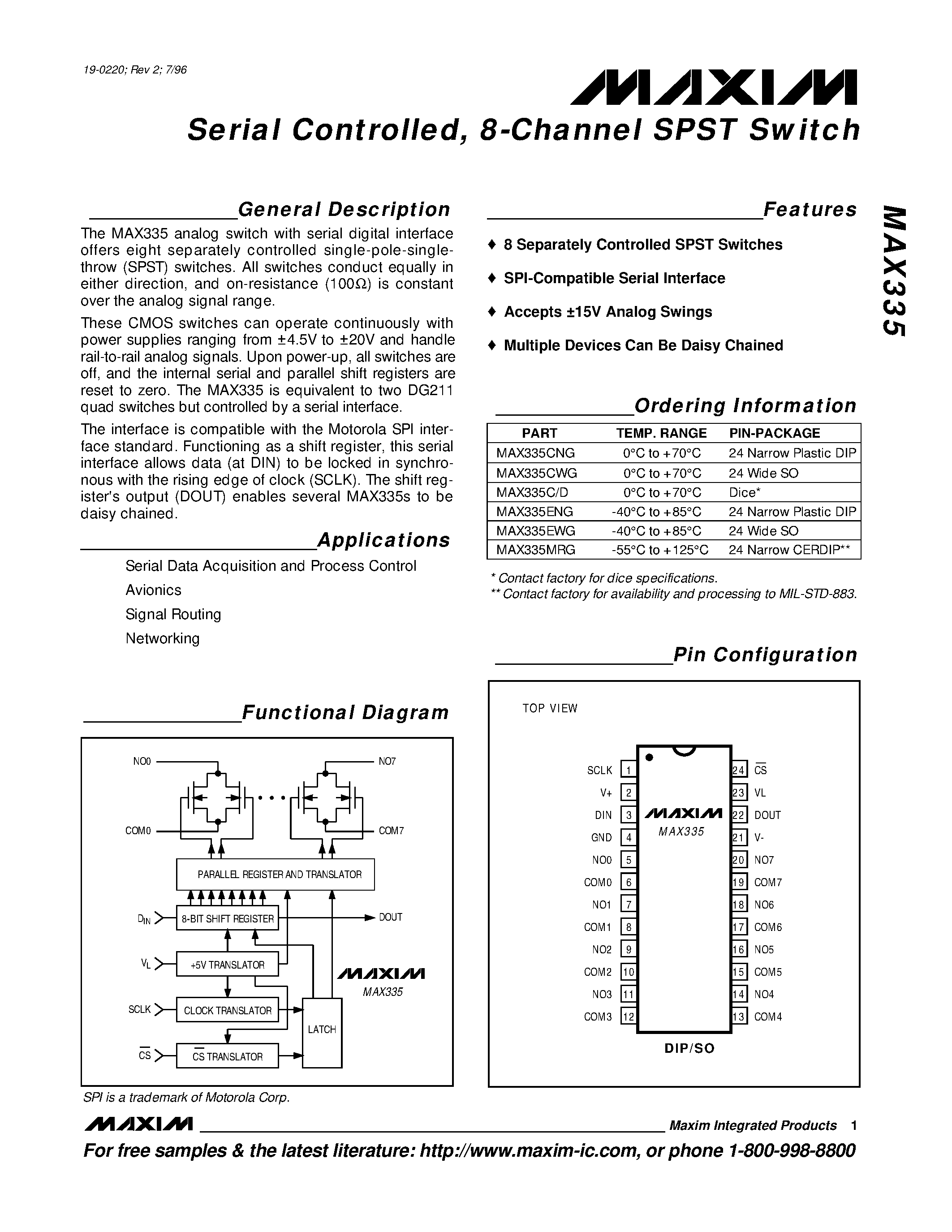 Datasheet MAX335 page 1 Datasheet MAX335 - Serial Controlled / 8-Channel SPST Switch page 1