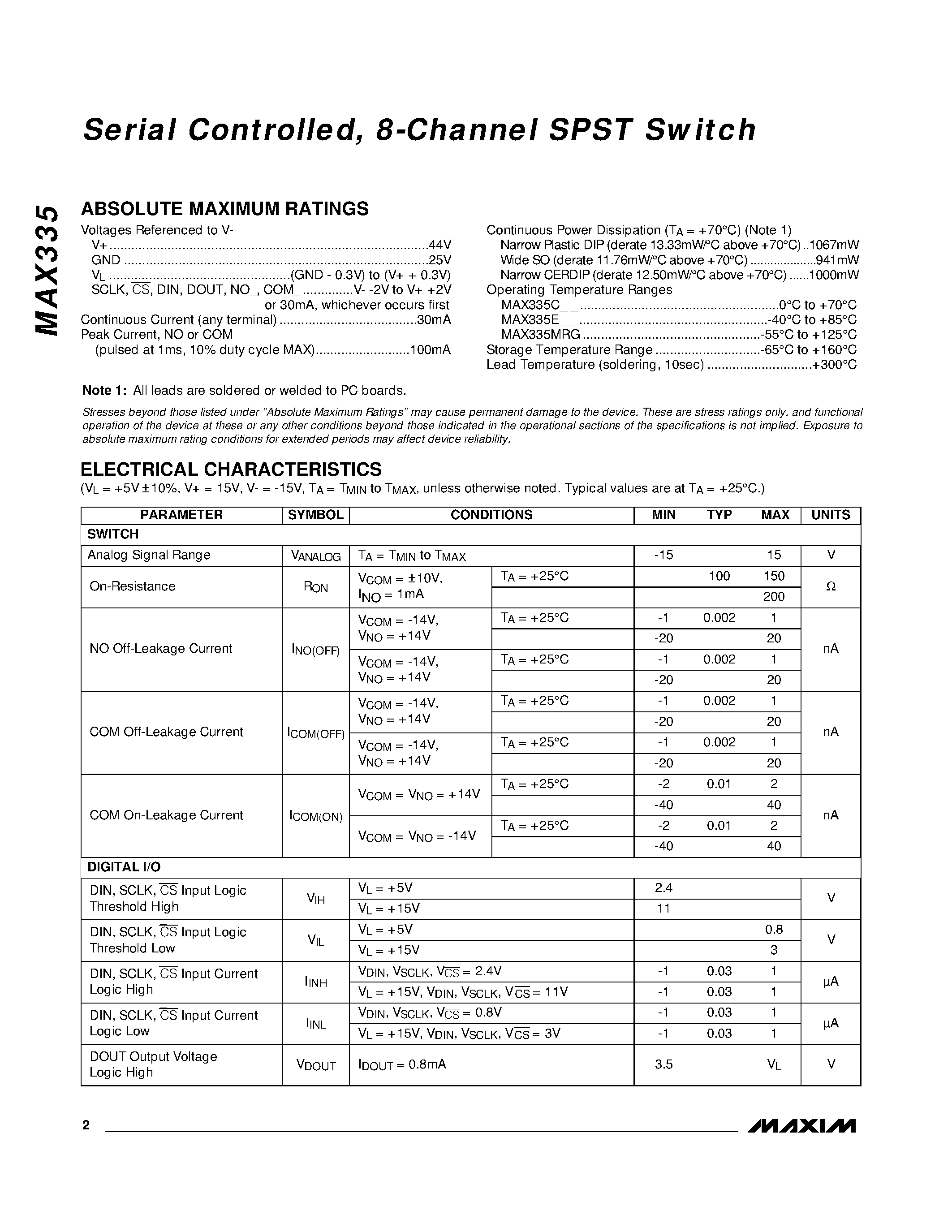 Datasheet MAX335 page 2 Datasheet MAX335 - Serial Controlled / 8-Channel SPST Switch page 2
