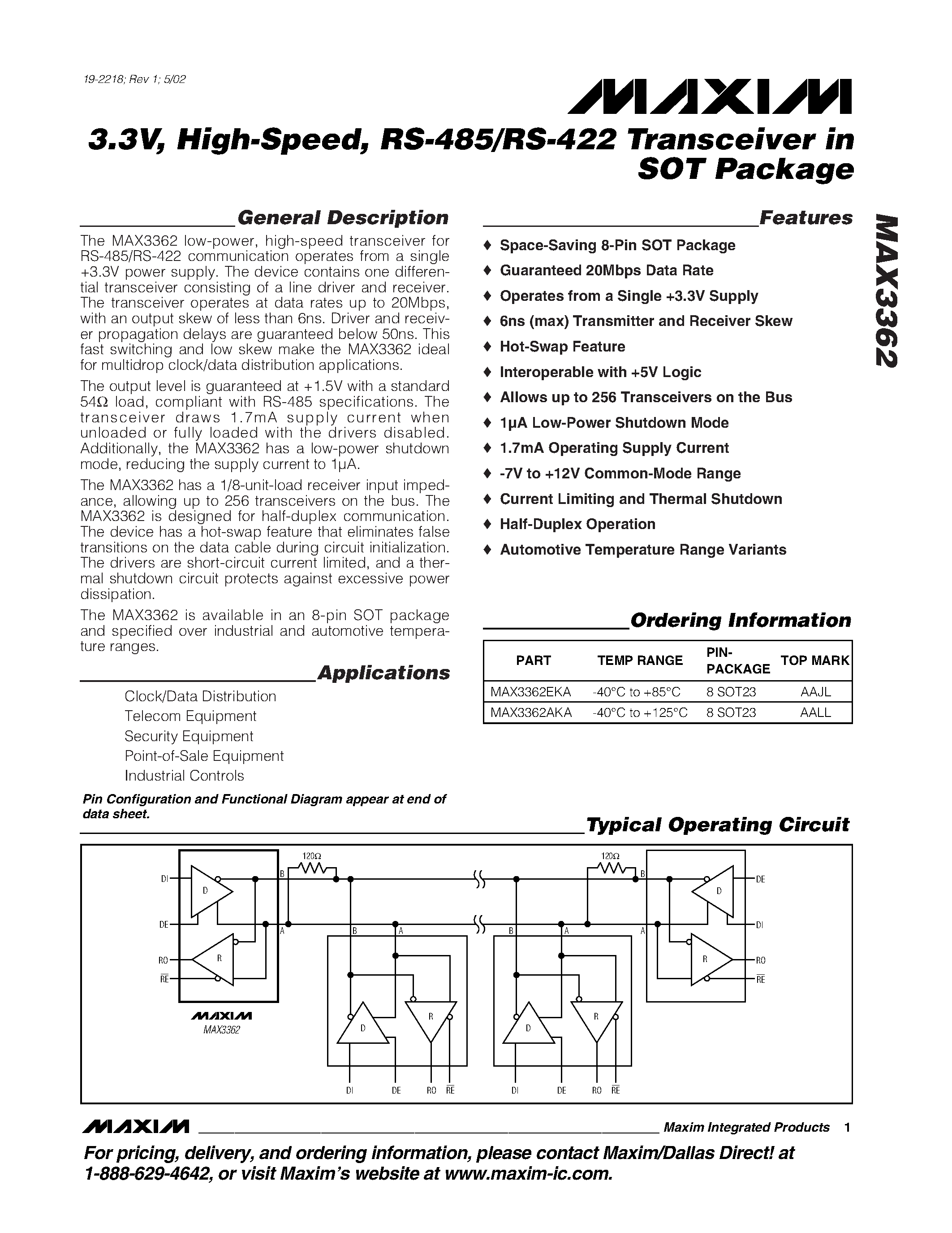 Datasheet MAX3362 - 3.3V / High-Speed / RS-485/RS-422 Transceiver in SOT Package page 1