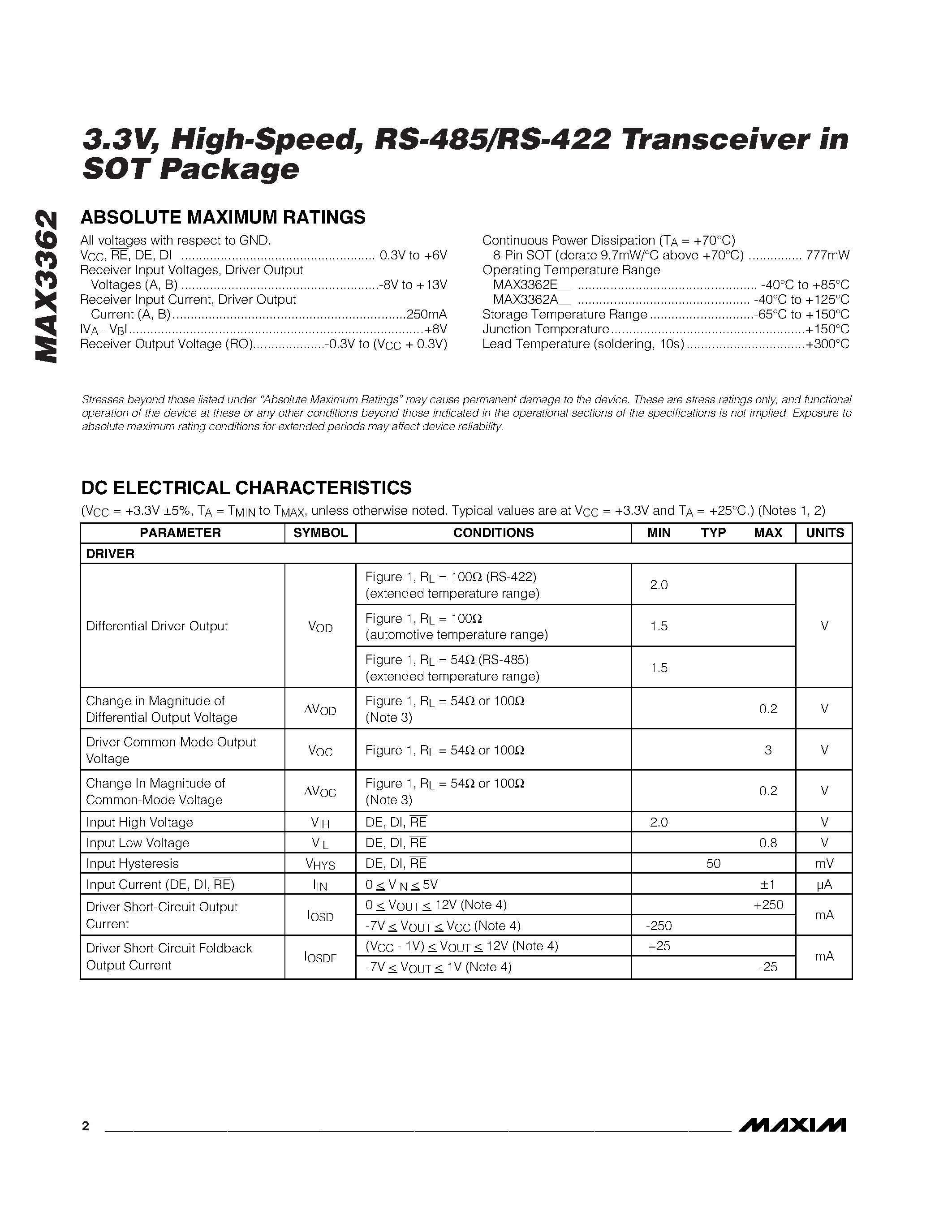 Datasheet MAX3362 - 3.3V / High-Speed / RS-485/RS-422 Transceiver in SOT Package page 2