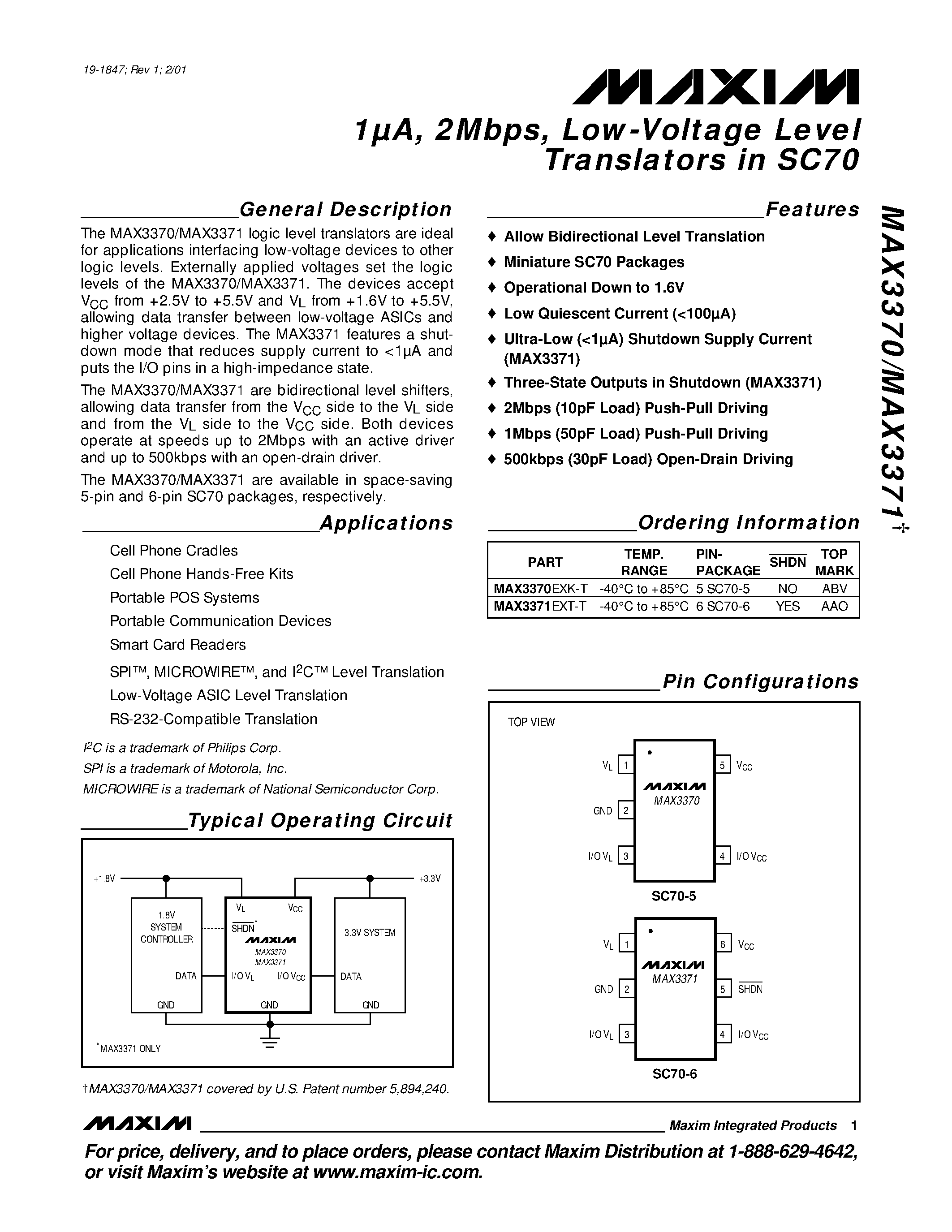 Datasheet MAX3371EXT-T page 1 Datasheet MAX3371EXT-T - 1A / 2Mbps / Low-Voltage Level Translators in SC70 page 1