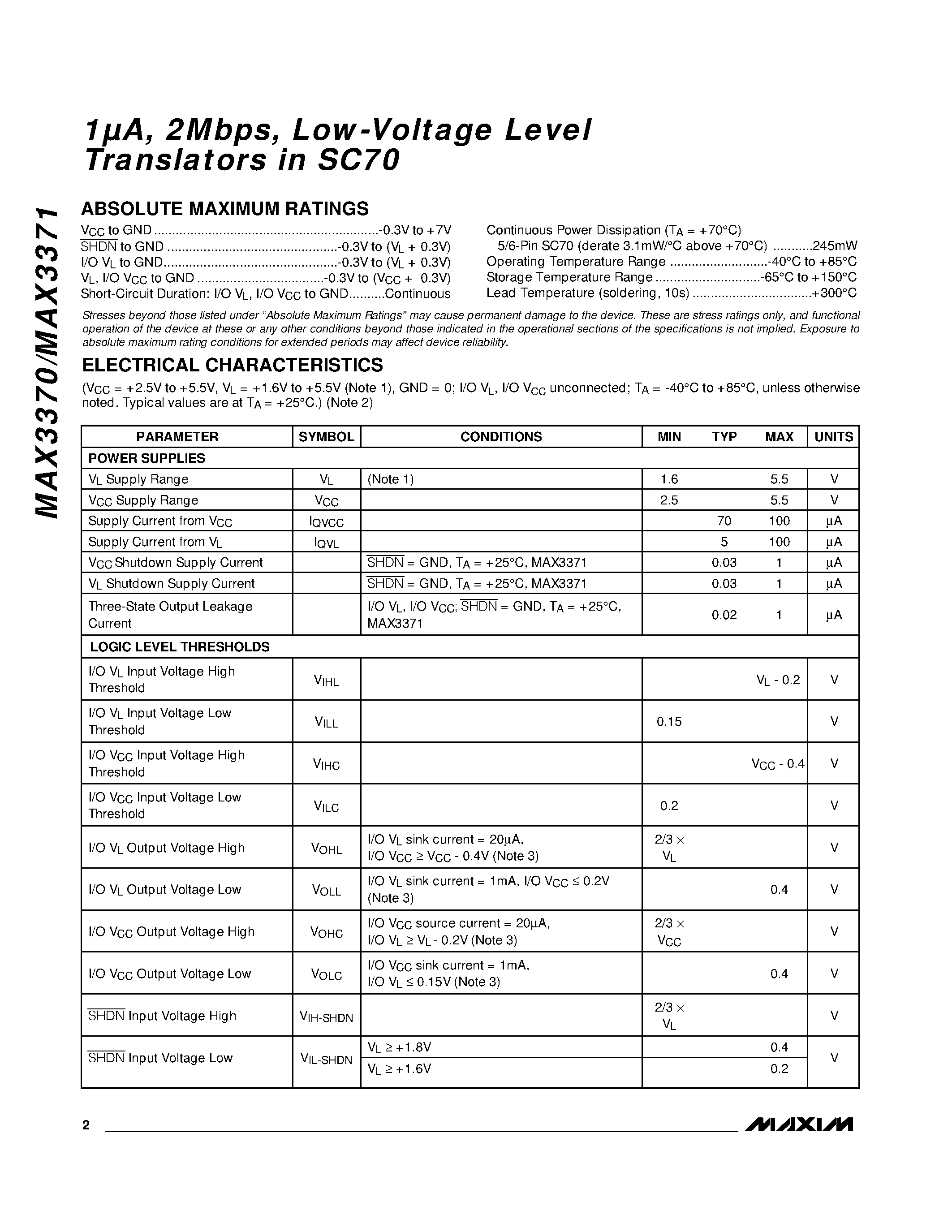 Datasheet MAX3371EXT-T page 2 Datasheet MAX3371EXT-T - 1A / 2Mbps / Low-Voltage Level Translators in SC70 page 2