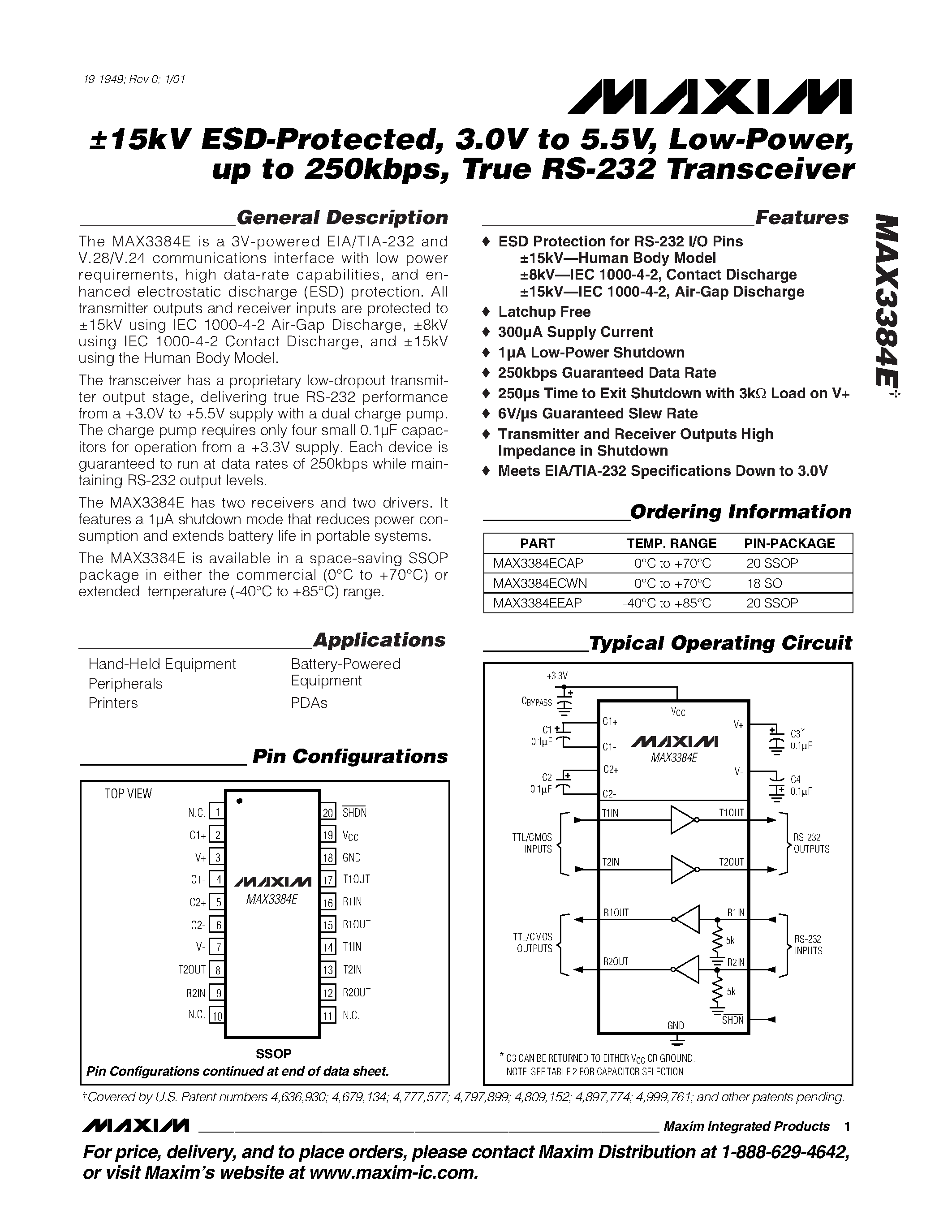 Datasheet MAX3384E - 15kV ESD-Protected / 3.0V to 5.5V / Low-Power / up to 250kbps / True RS-232 Transceiver page 1