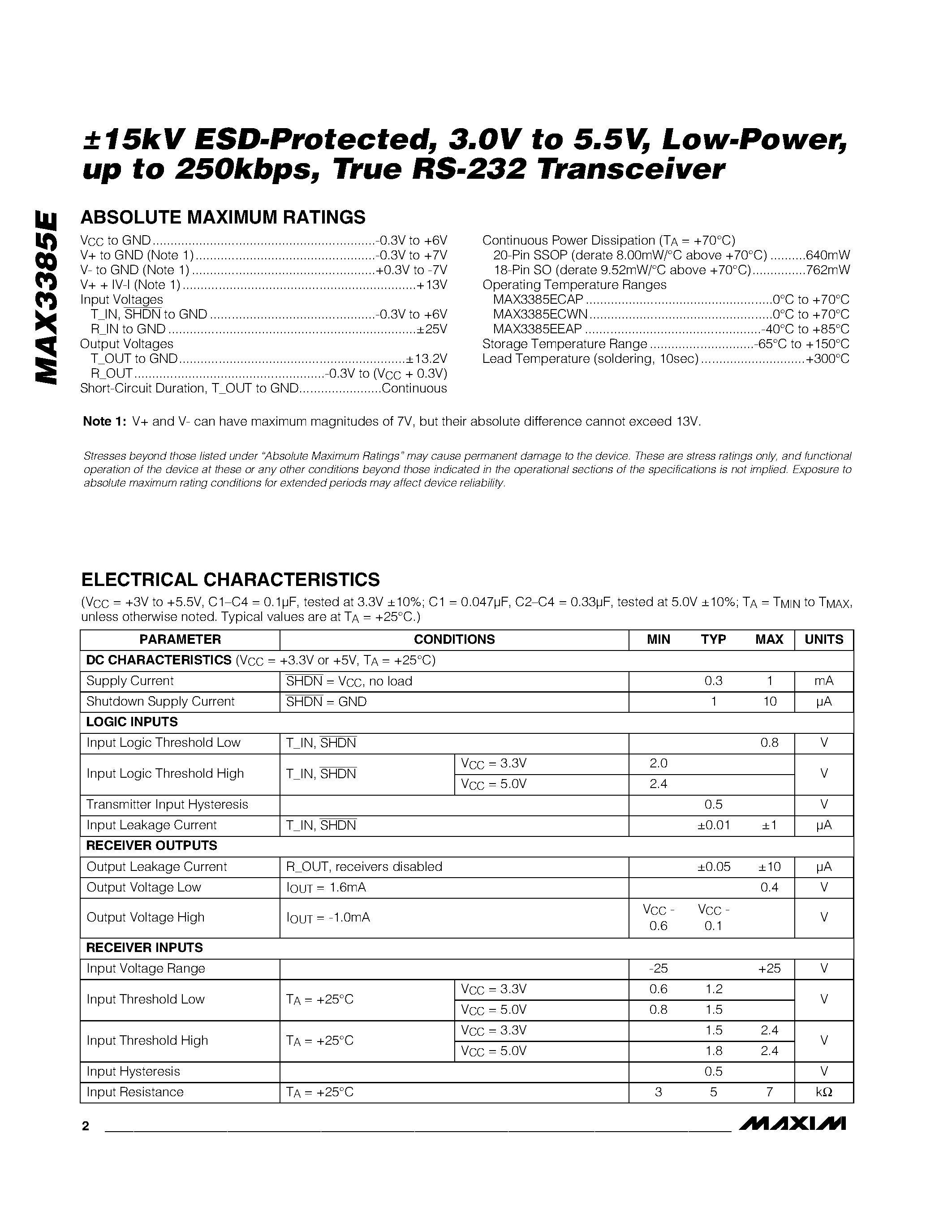 Datasheet MAX3385ECWN - 15kV ESD-Protected / 3.0V to 5.5V / Low-Power / up to 250kbps / True RS-232 Transceiver page 2