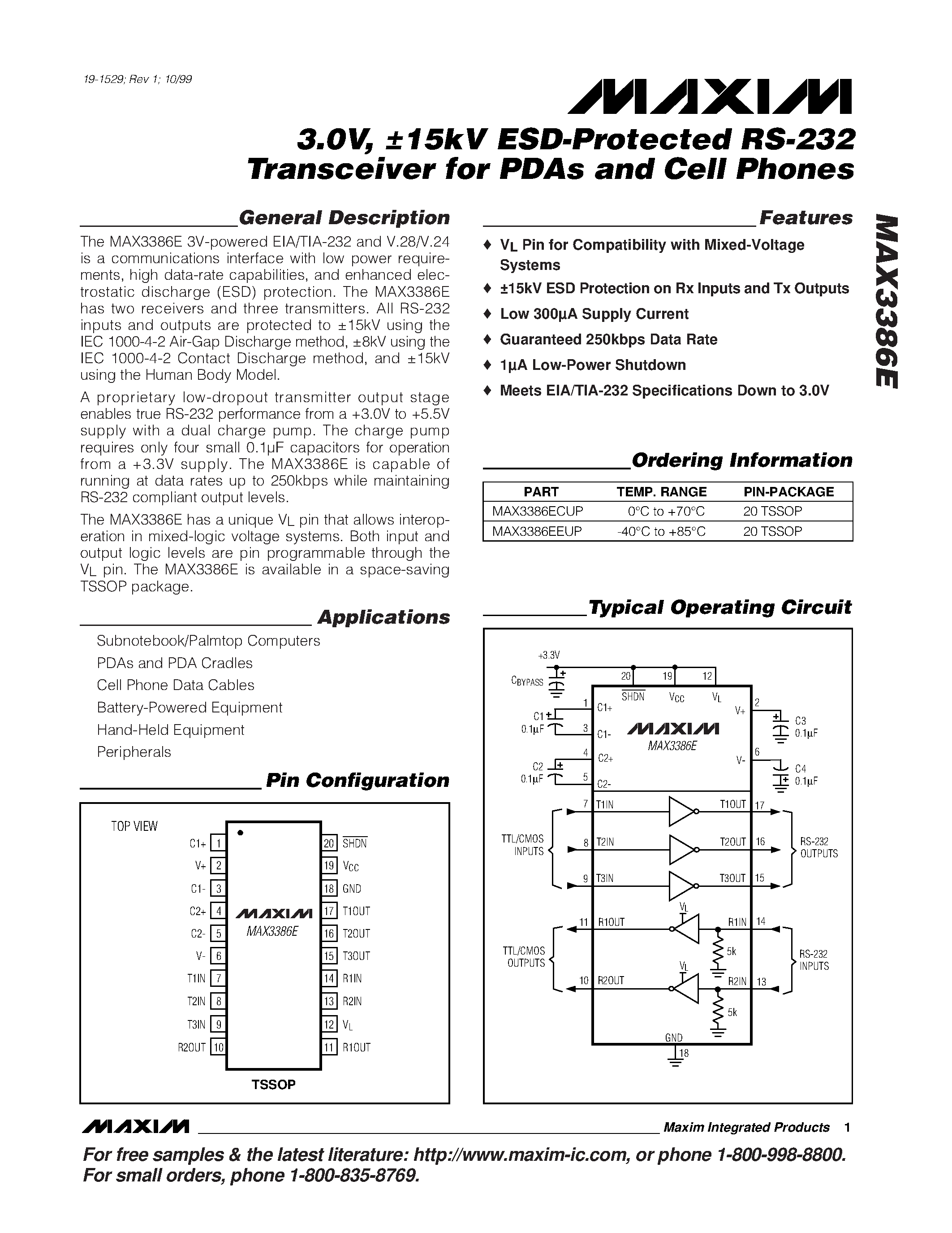 Datasheet MAX3386E - 3.0V / 15kV ESD-Protected RS-232 Transceiver for PDAs and Cell Phones page 1