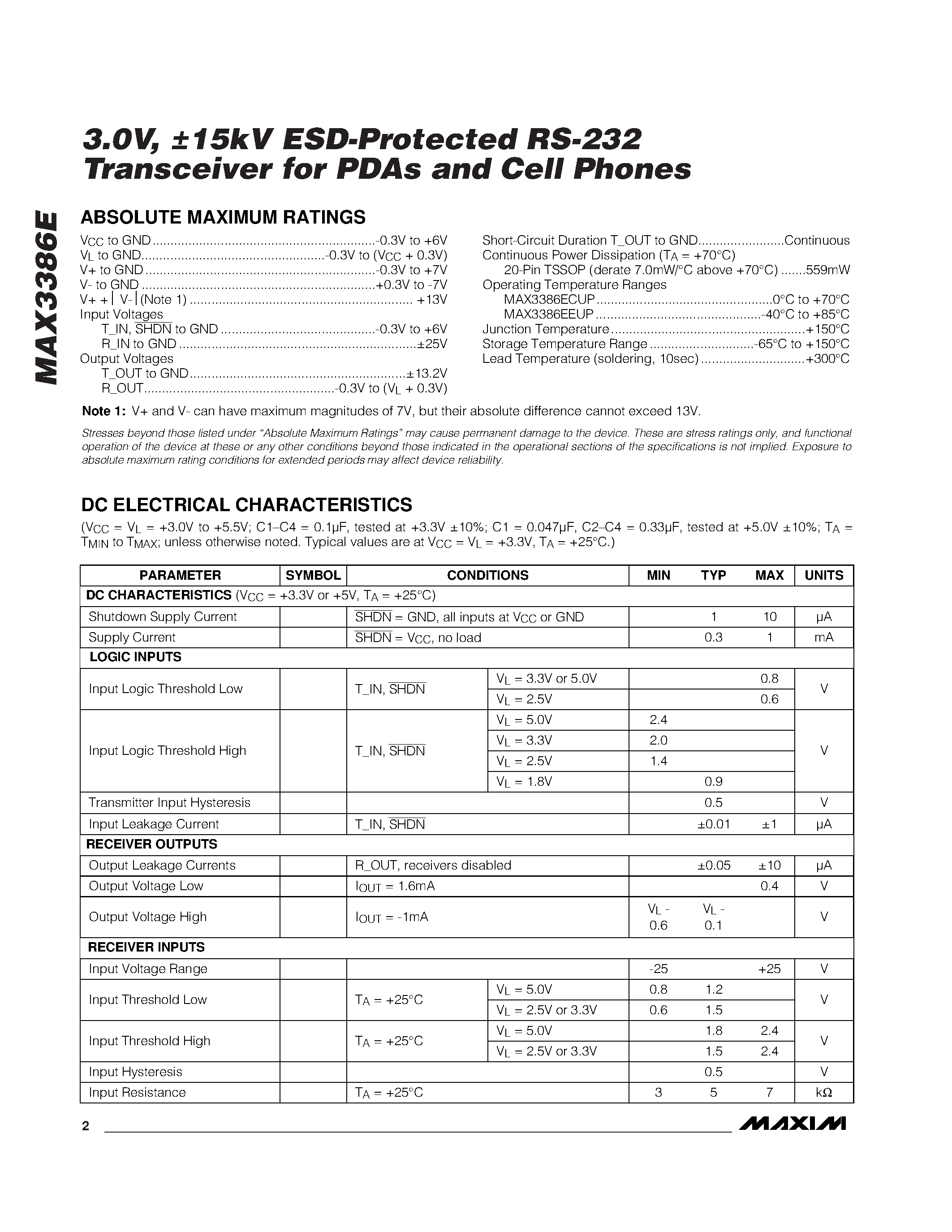 Datasheet MAX3386ECUP - 3.0V / 15kV ESD-Protected RS-232 Transceiver for PDAs and Cell Phones page 2