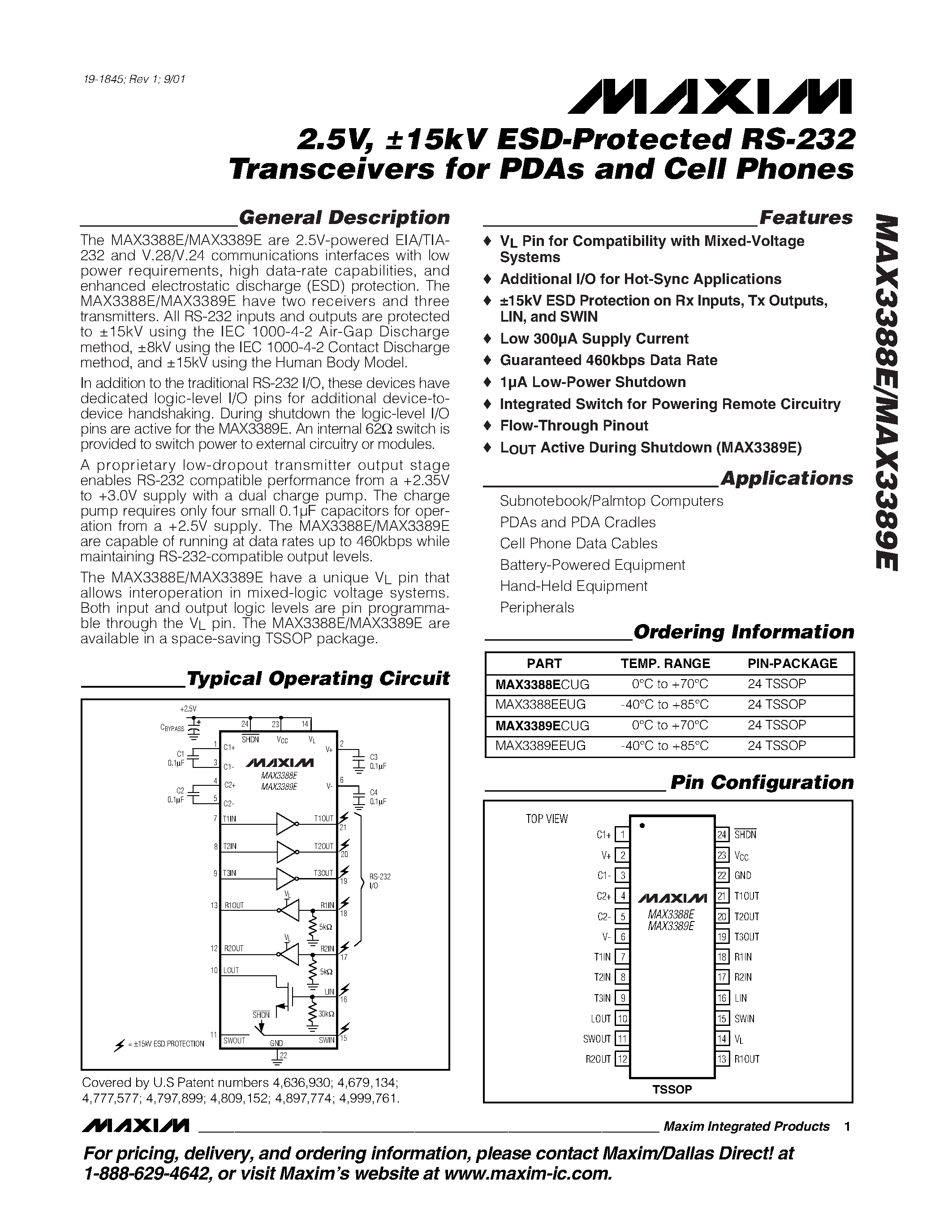 Datasheet MAX3388E - 2.5V / 15kV ESD-Protected RS-232 Transceivers for PDAs and Cell Phones page 1
