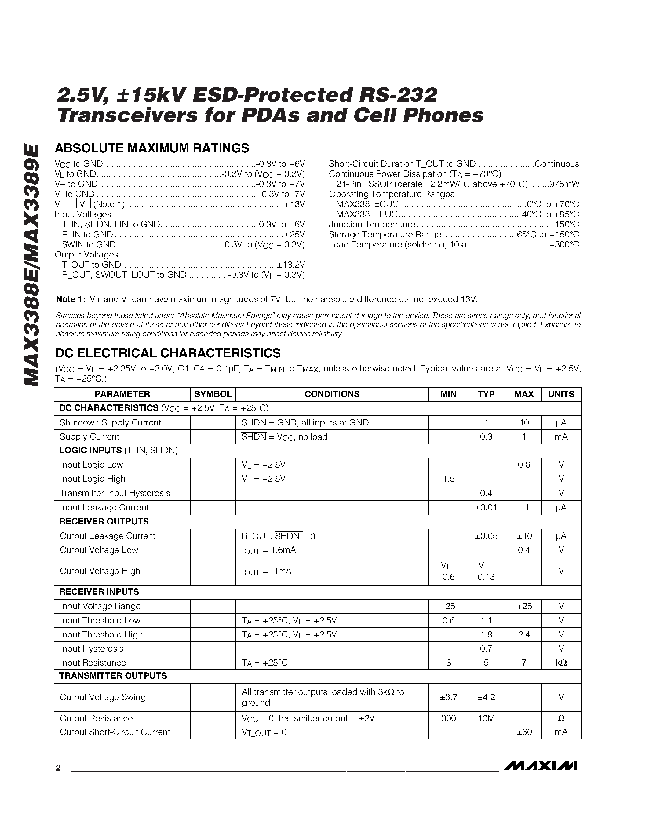 Datasheet MAX3389EEUG - 2.5V / 15kV ESD-Protected RS-232 Transceivers for PDAs and Cell Phones page 2