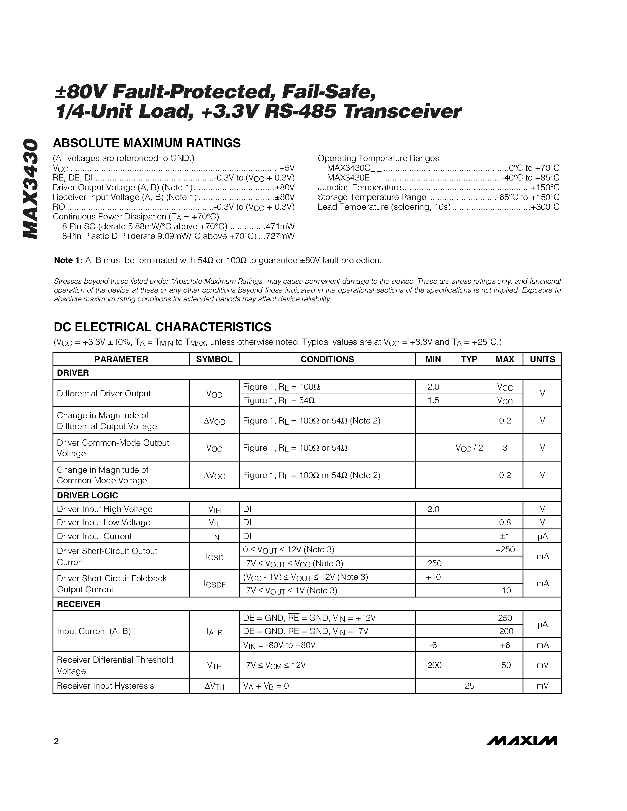 Datasheet MAX3430CPA - 80V Fault-Protected / Fail-Safe / 1/4-Unit Load / #.3V RS-485 Transceiver page 2