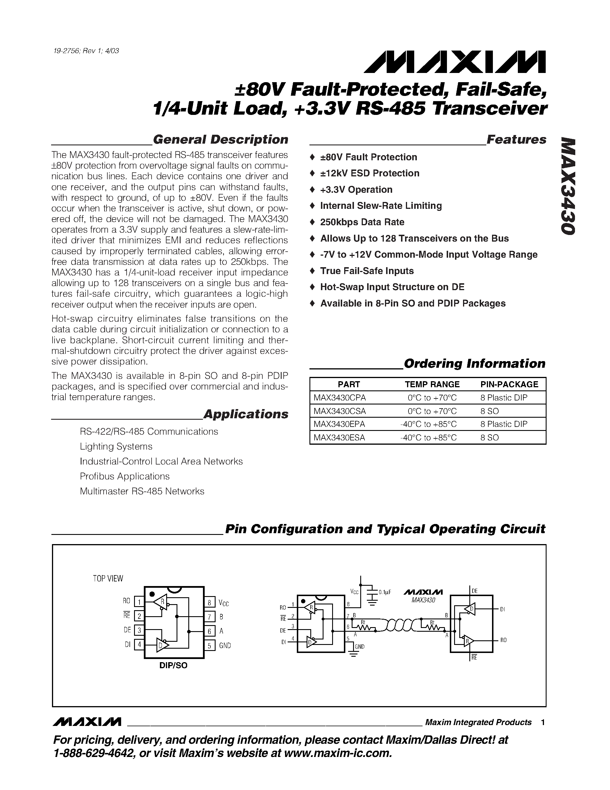 Datasheet MAX3430EPA - 80V Fault-Protected / Fail-Safe / 1/4-Unit Load / #.3V RS-485 Transceiver page 1