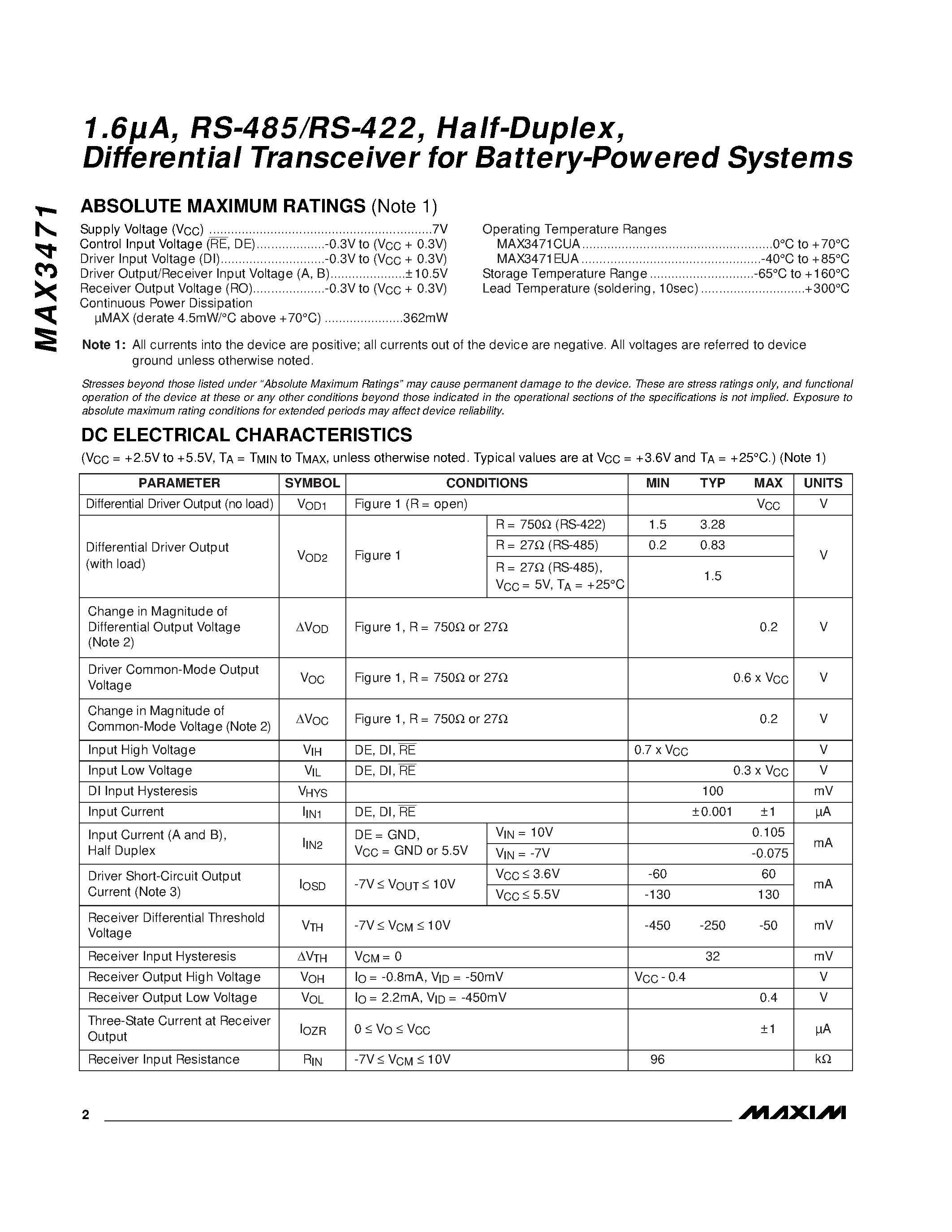 Datasheet MAX3471 - 1.6A / RS-485/RS-422 / Half-Duplex / Differential Transceiver for Battery-Powered Systems page 2
