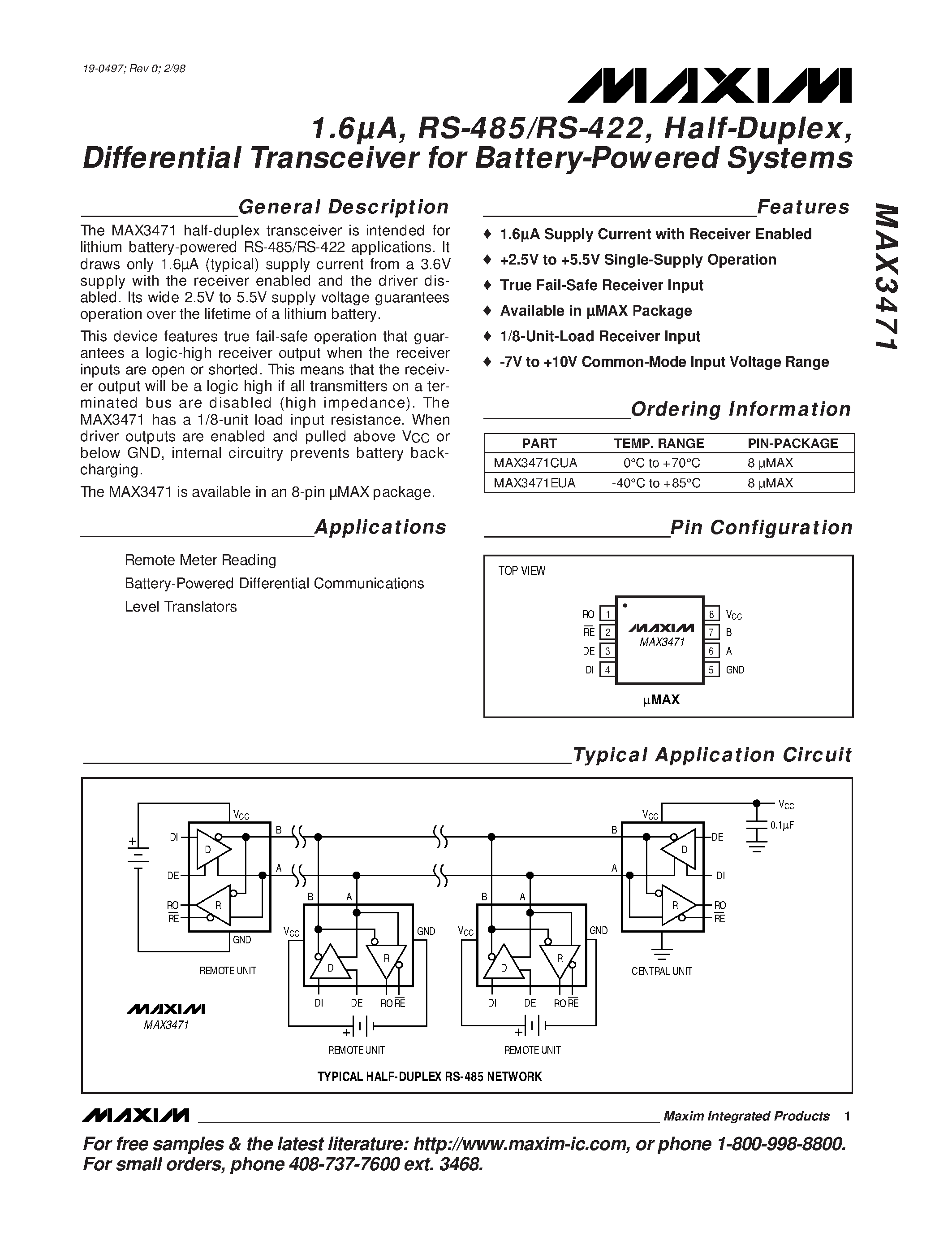 Datasheet MAX3471EUA - 1.6A / RS-485/RS-422 / Half-Duplex / Differential Transceiver for Battery-Powered Systems page 1