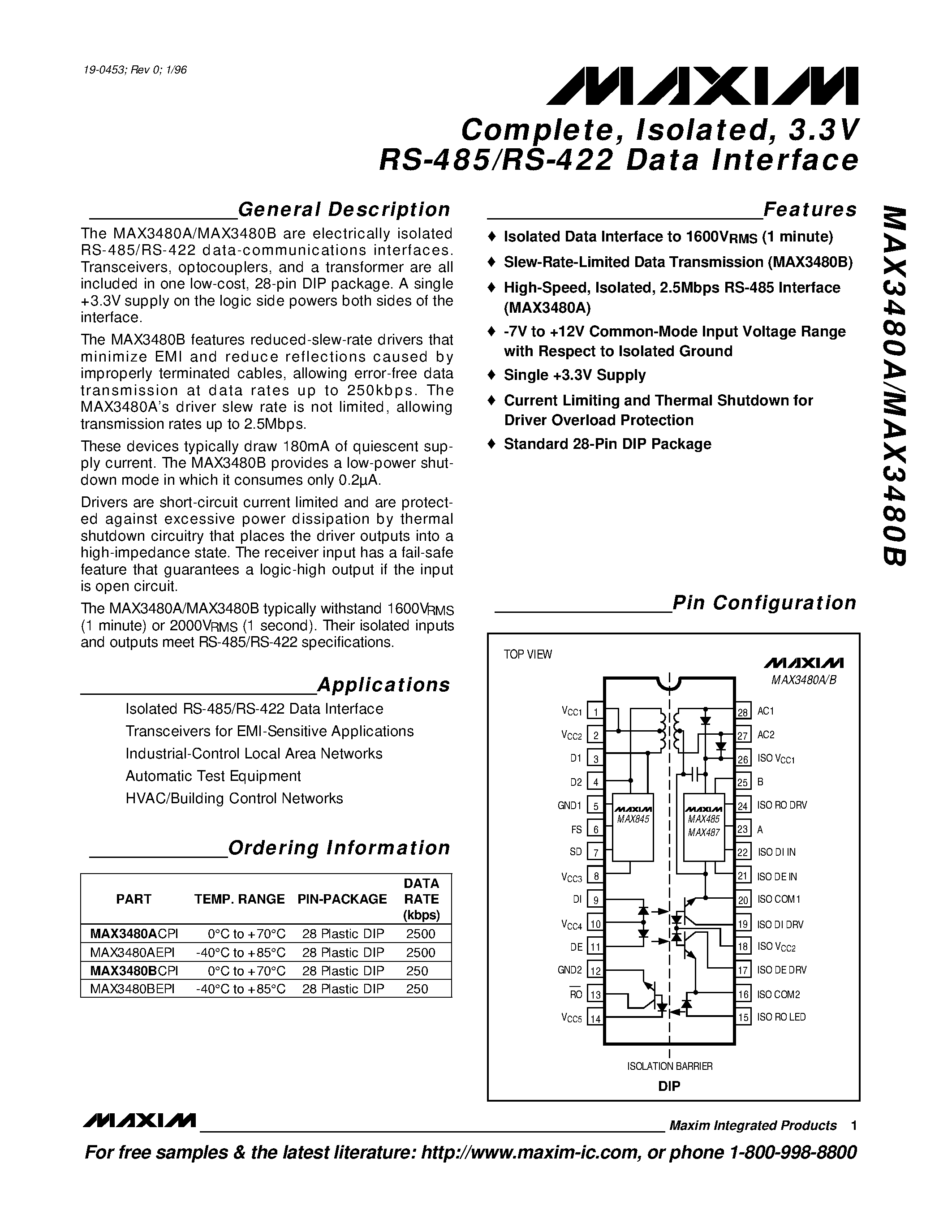 Datasheet MAX3480A - Complete / Isolated / 3.3V RS-485/RS-422 Data Interface page 1
