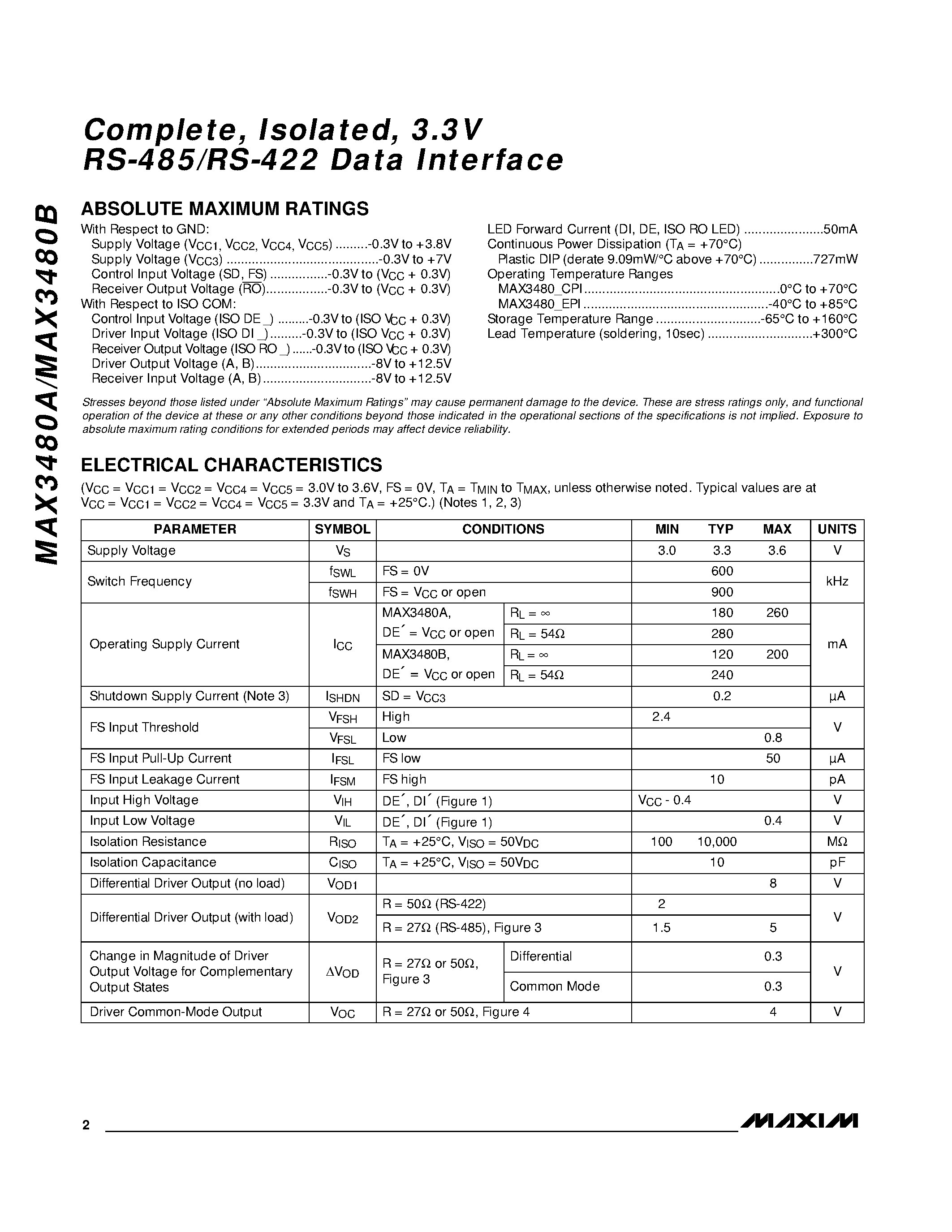 Datasheet MAX3480A - Complete / Isolated / 3.3V RS-485/RS-422 Data Interface page 2