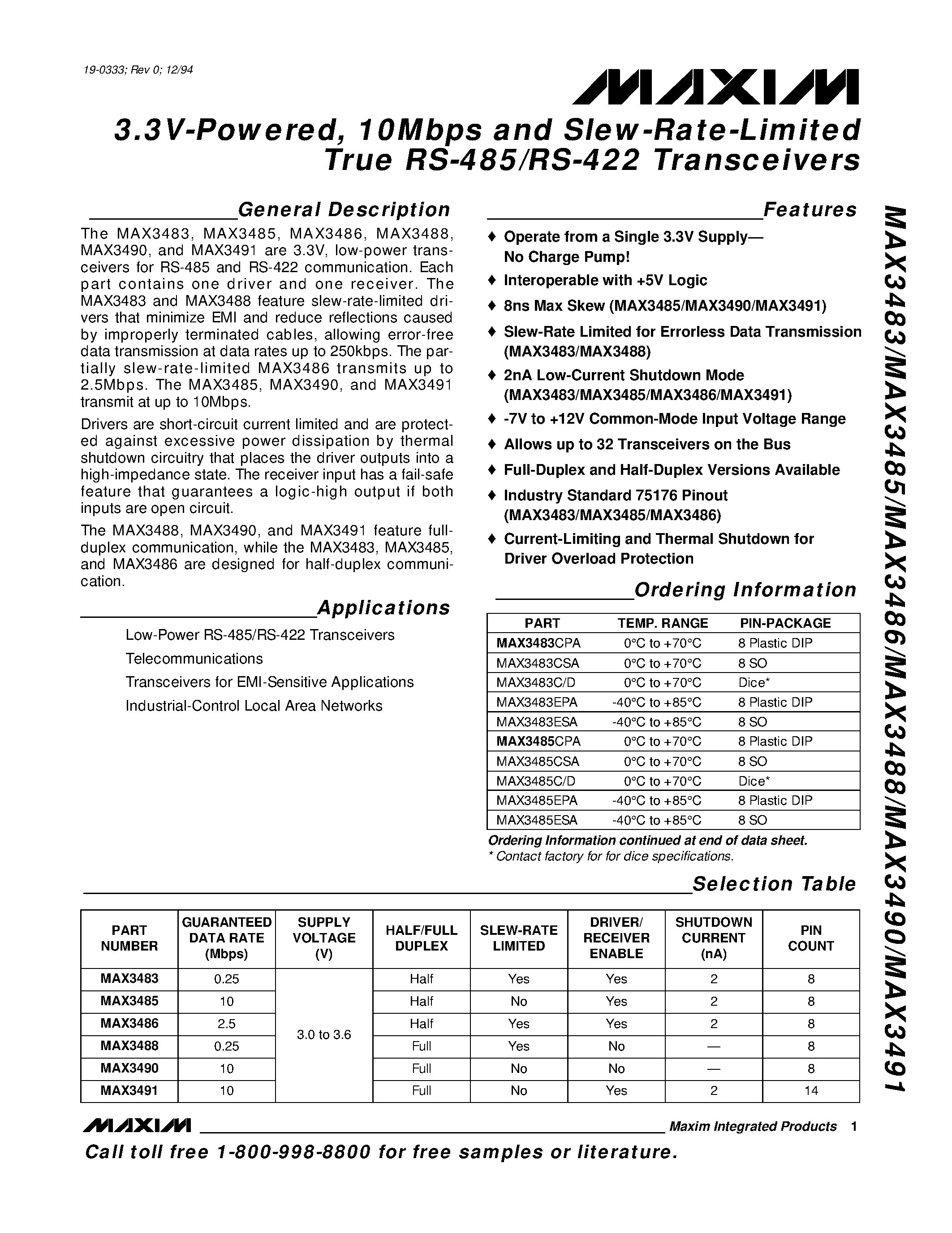 Datasheet MAX3483CPA - 3.3V-Powered / 10Mbps and Slew-Rate-Limited True RS-485/RS-422 Transceivers page 1