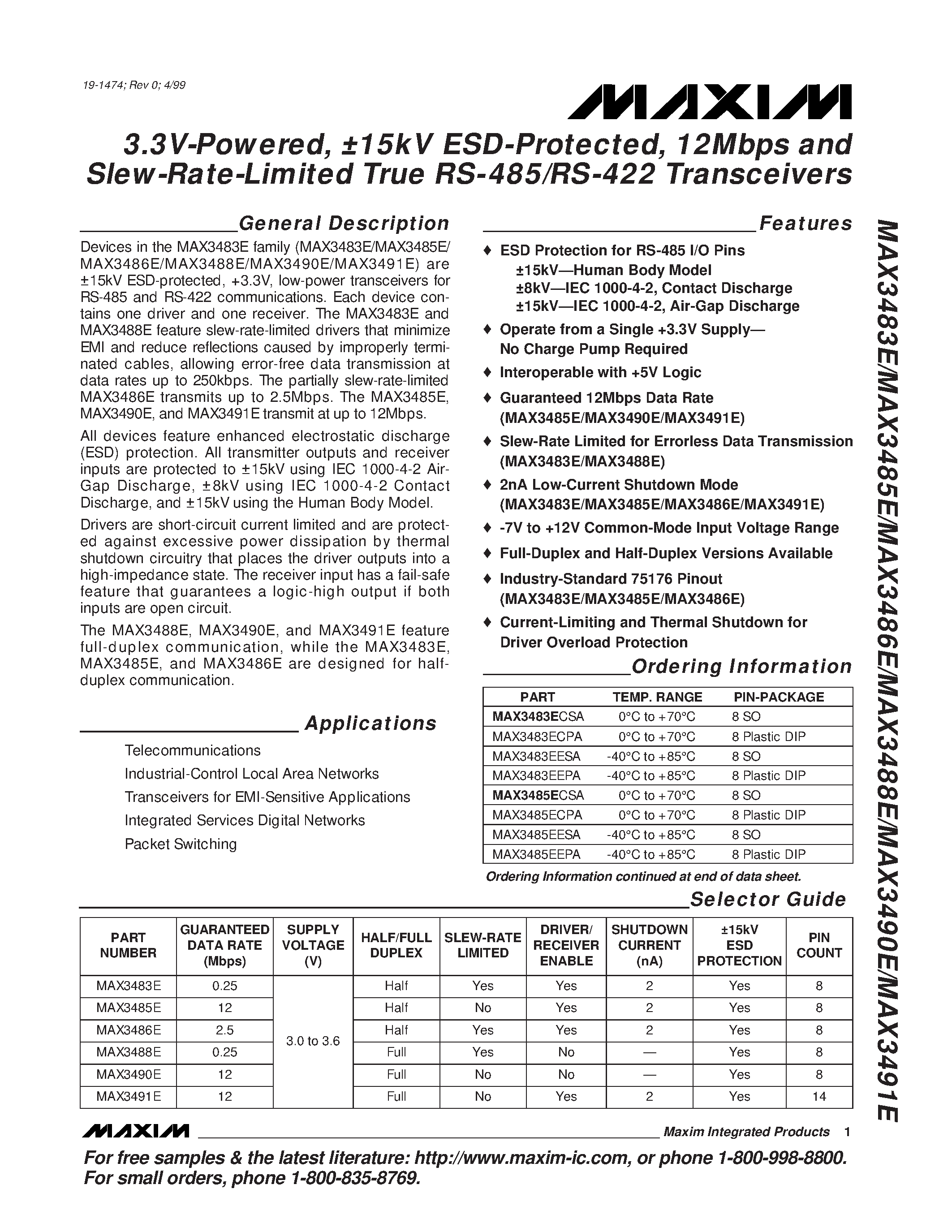 Datasheet MAX3485ECSA - 3.3V-Powered / 15kV ESD-Protected / 12Mbps and Slew-Rate-Limited True RS-485/RS-422 Transceivers page 1