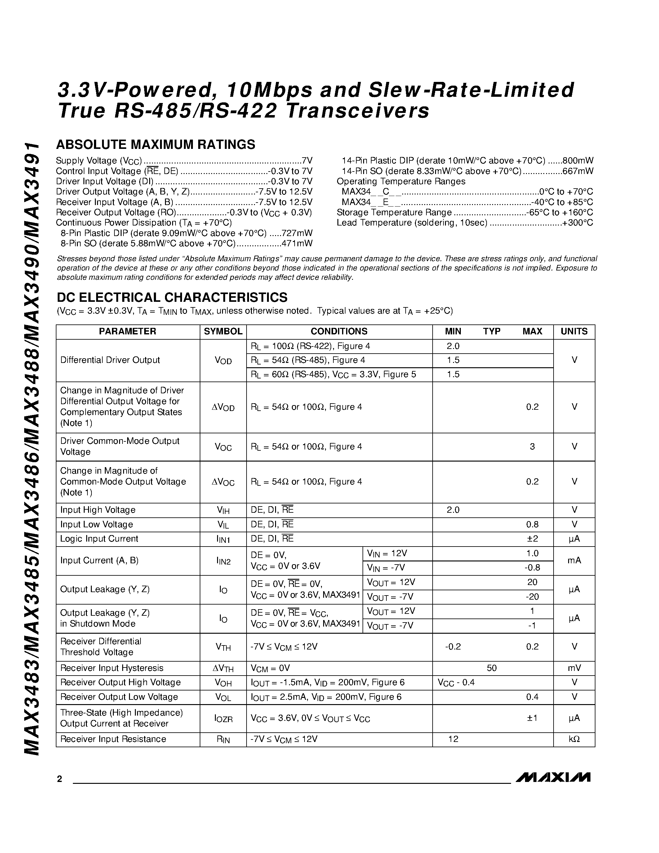 Datasheet MAX3486CPA - 3.3V-Powered / 10Mbps and Slew-Rate-Limited True RS-485/RS-422 Transceivers page 2