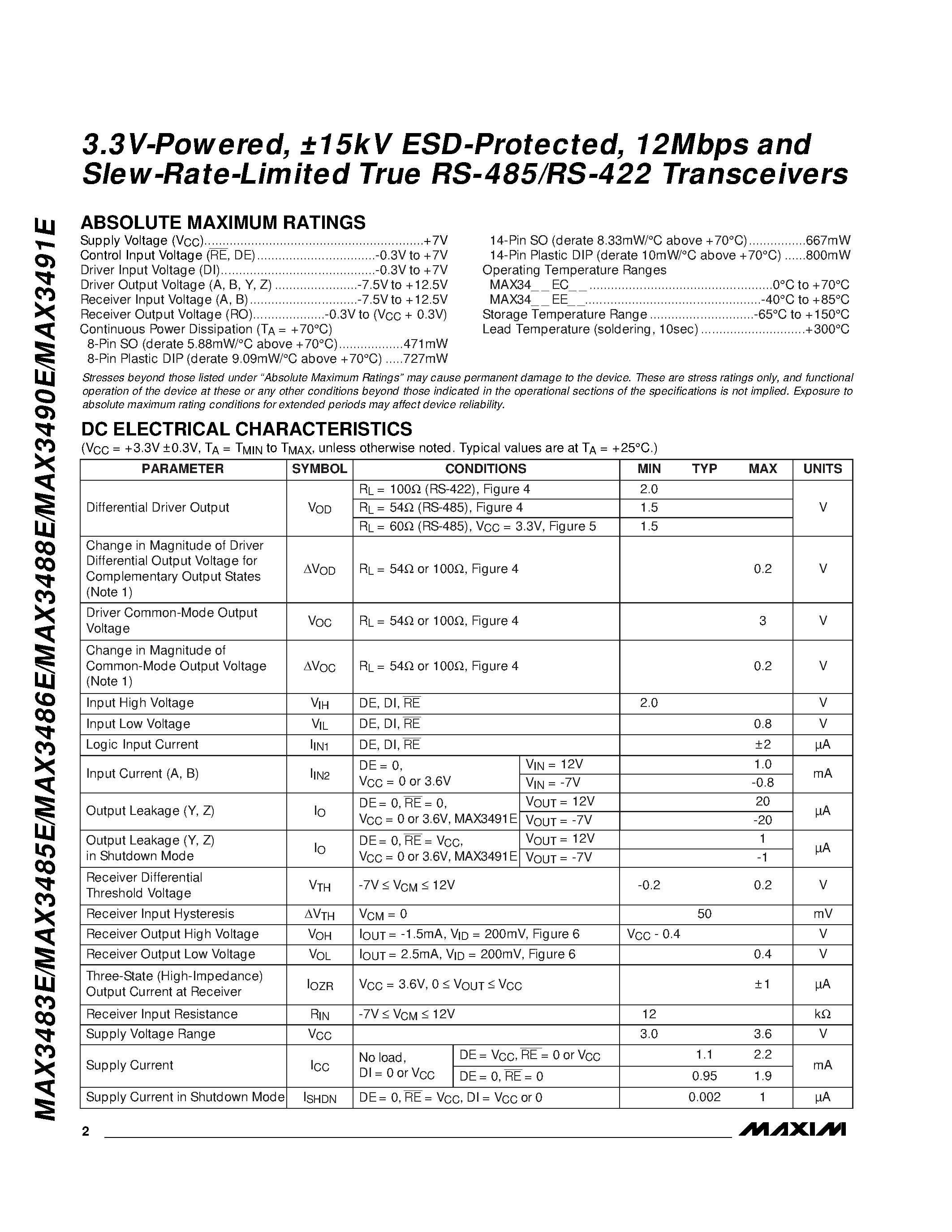 Datasheet MAX3488EESA - 3.3V-Powered / 15kV ESD-Protected / 12Mbps and Slew-Rate-Limited True RS-485/RS-422 Transceivers page 2