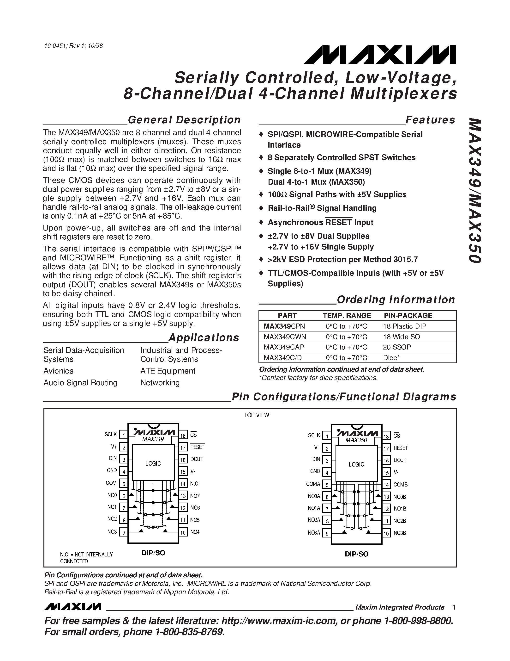 Datasheet MAX349 - Serially Controlled / Low-Voltage / 8-Channel/Dual 4-Channel Multiplexers page 1